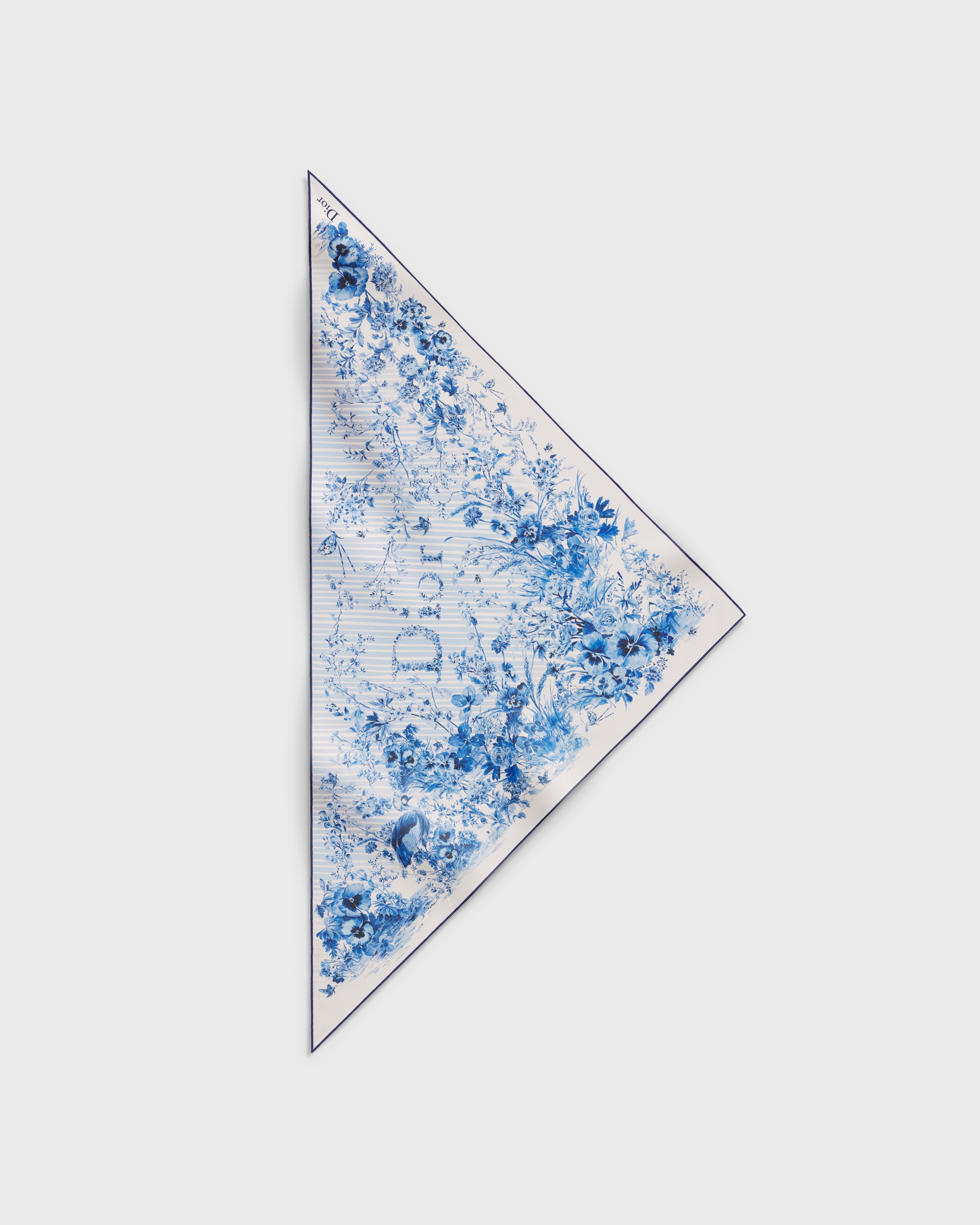Dioriviera Toile de Jouy Floral Garden Triangle Scarf White and Blue Silk Twill E01
