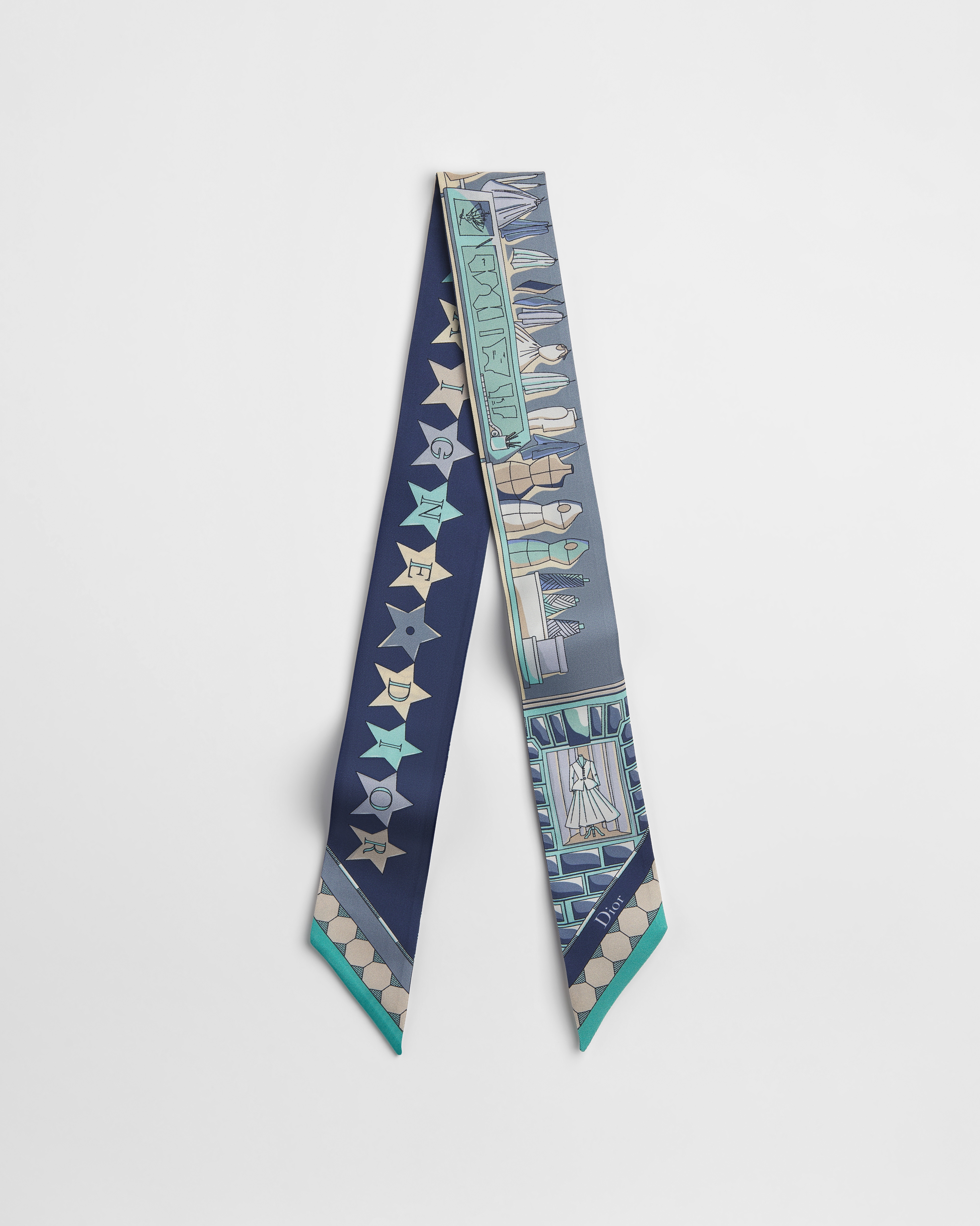 Mitzah-sjaal met Inside Dior Avenue-motief Denimblauwe, veelkleurige zijden keperstof E01