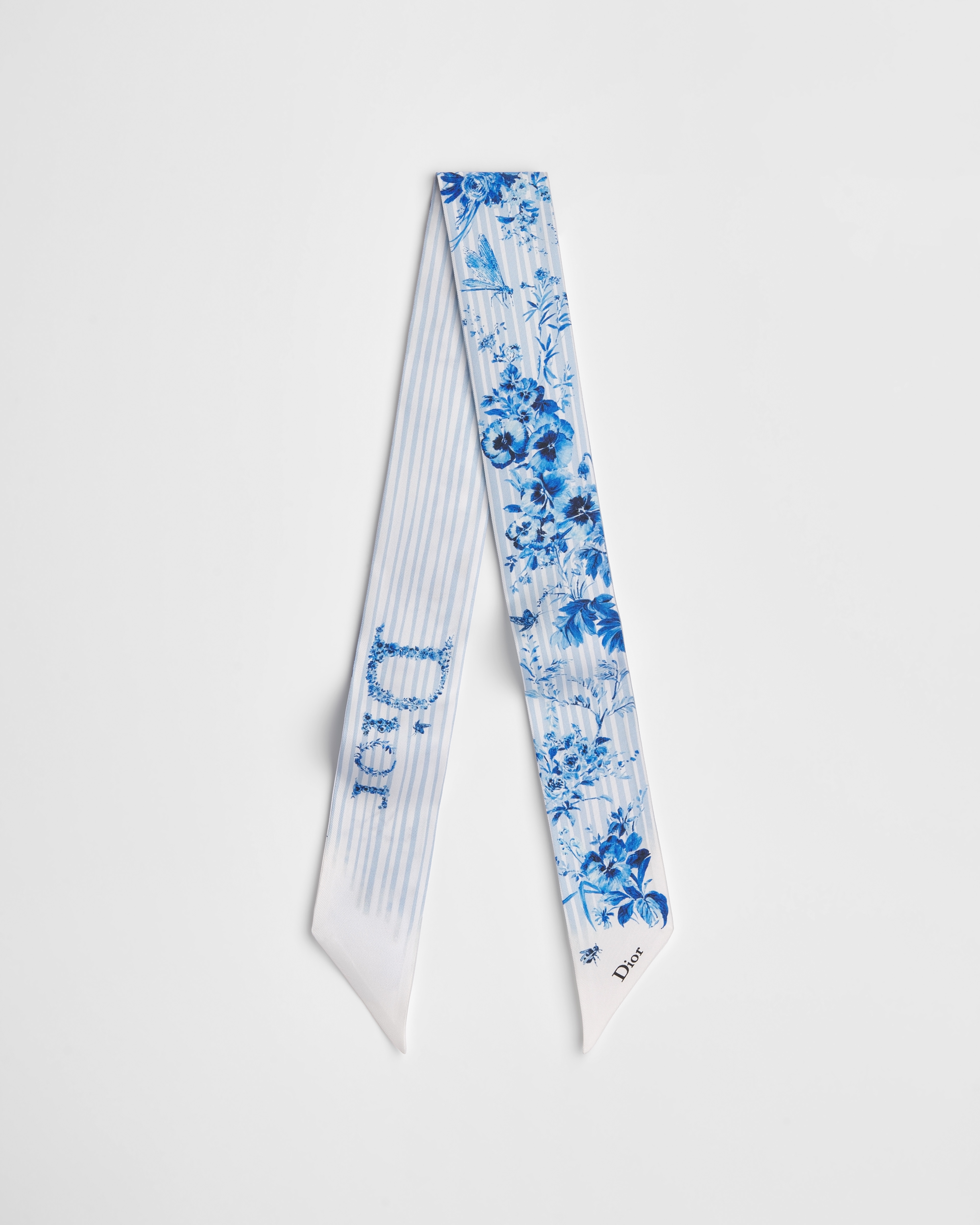 Pañuelo Mitzah Dioriviera Toile de Jouy Floral Garden Sarga de seda blanca y azul E01