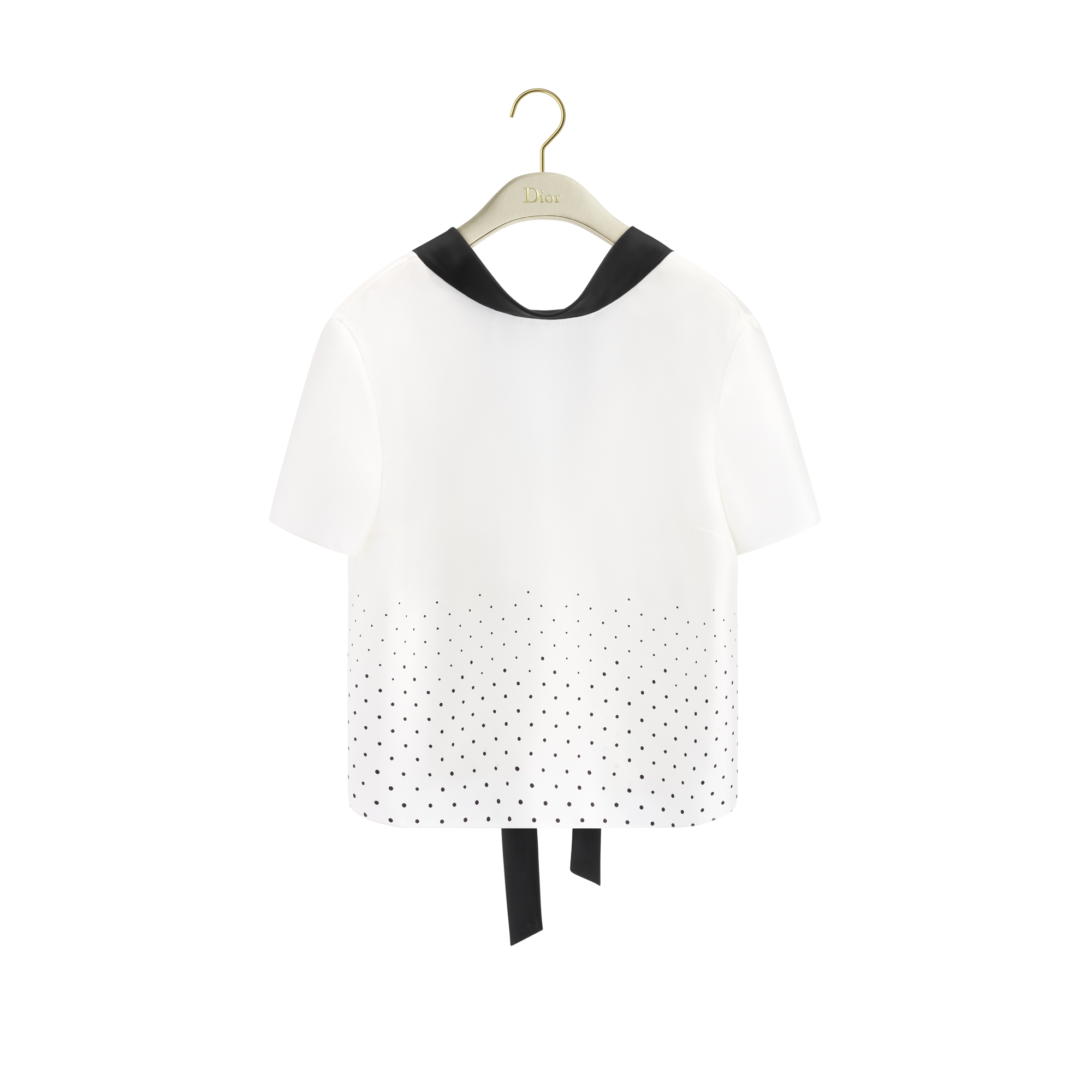Short-Sleeved Blouse with Rear Tie White Silk Twill with Black