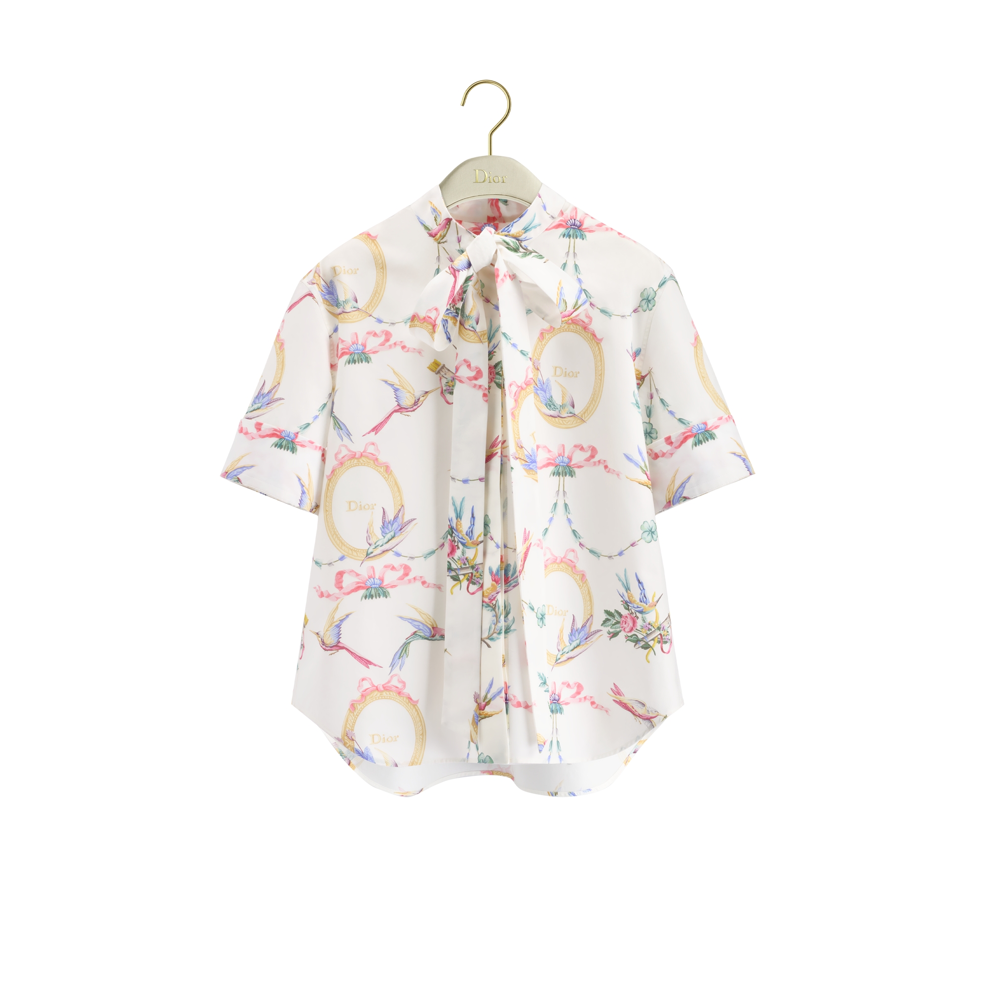Dior Qixi Short-Sleeved Tie-Collar Blouse White Cotton with Multicolor Dior Colibri Motif E01