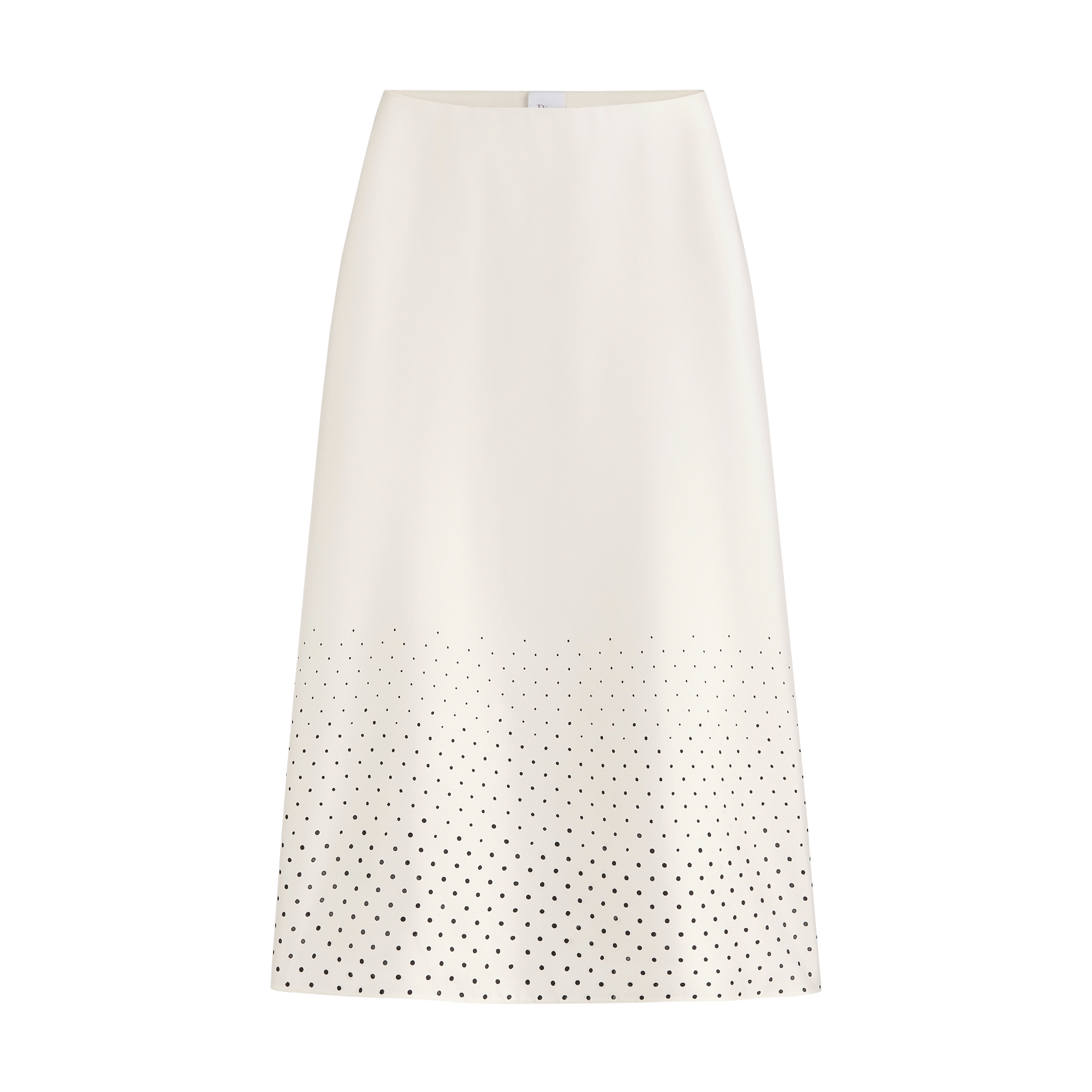 Mid-Length Flared Skirt White Silk Twill with Black PolkaDior Motif E01