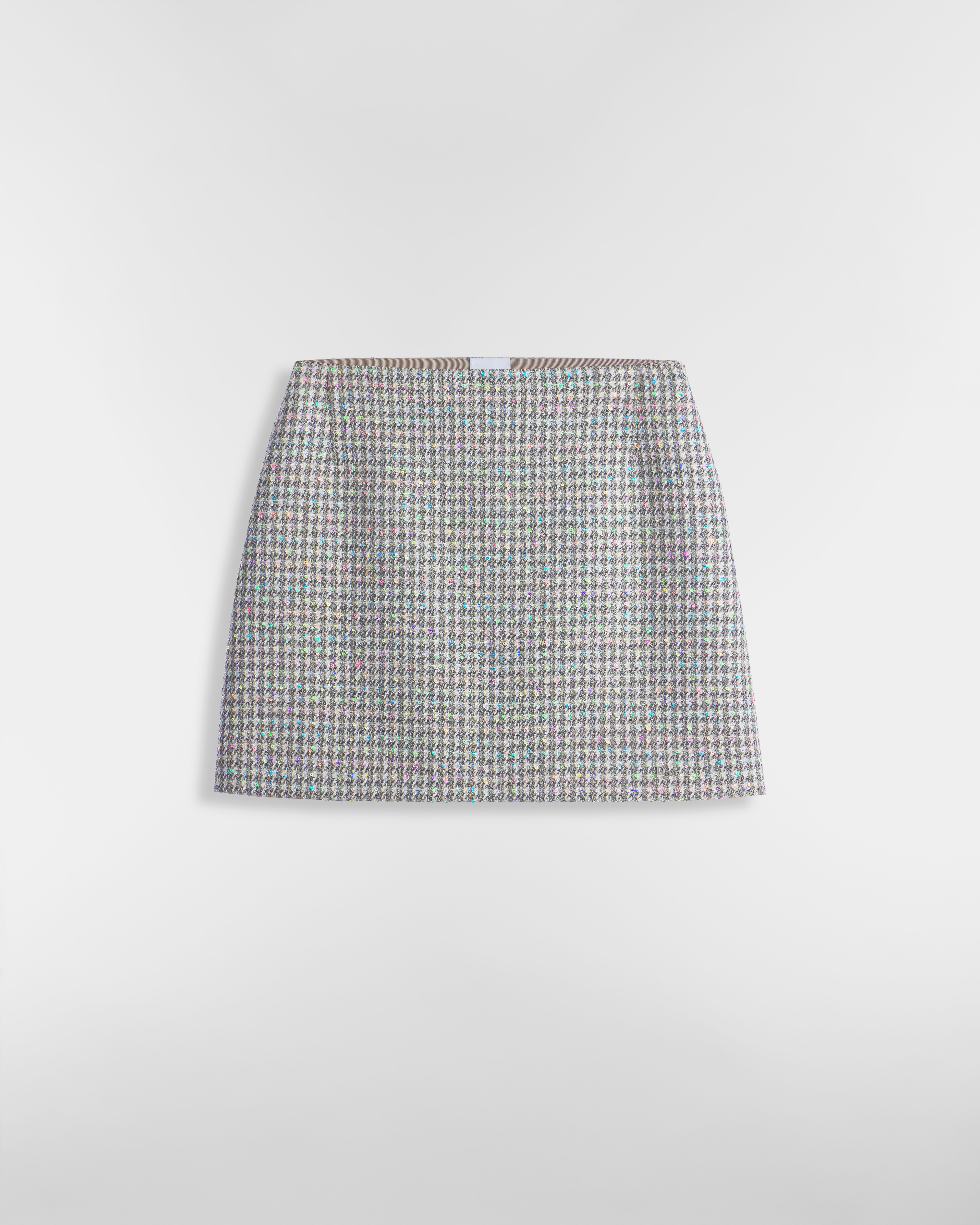 Minifalda acampanada Tweed de pata de gallo gris y blanco con lentejuelas multicolores E01