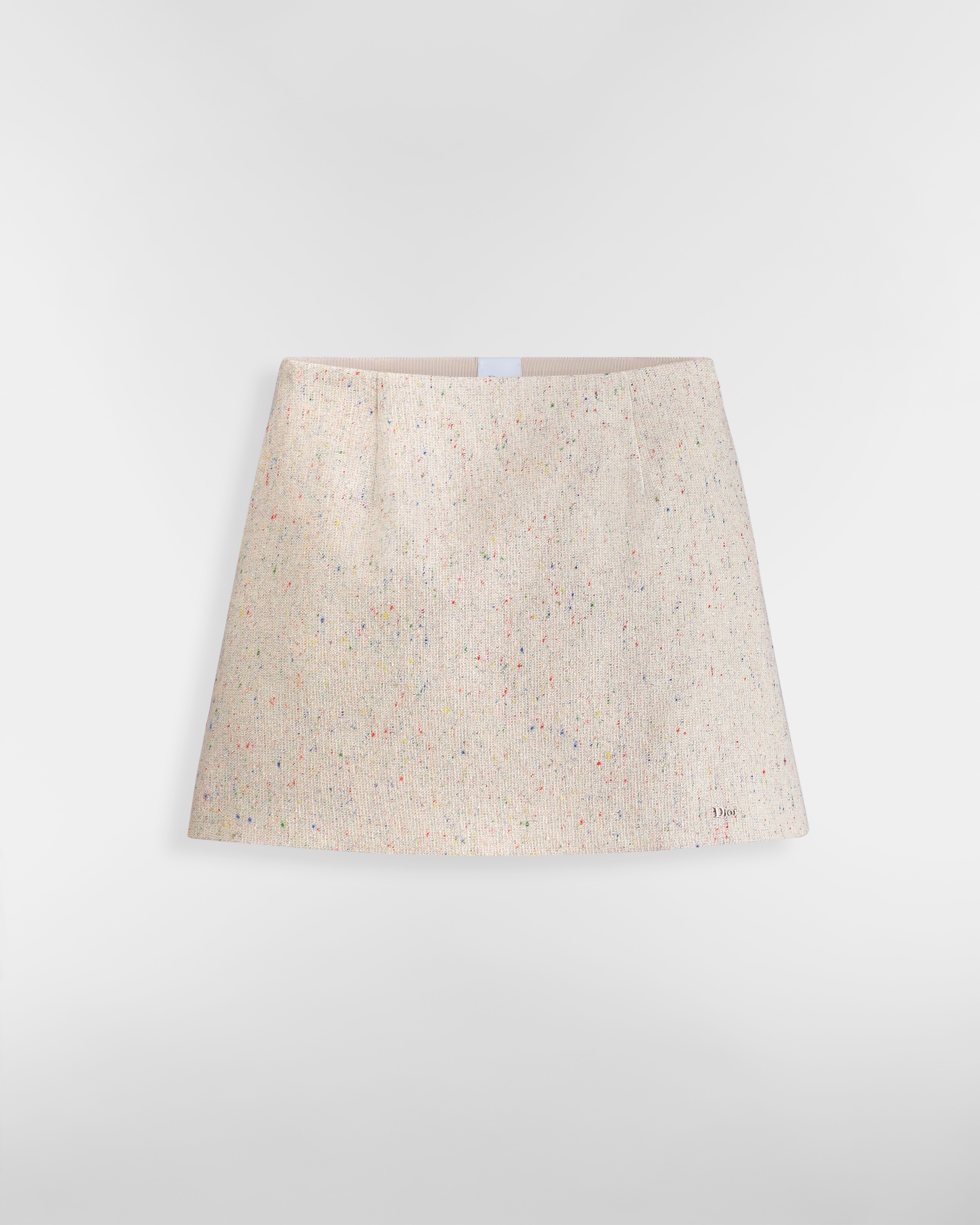 Flared Miniskirt Ecru Donegal Tweed Embroidered with Multicolor Sequins E01