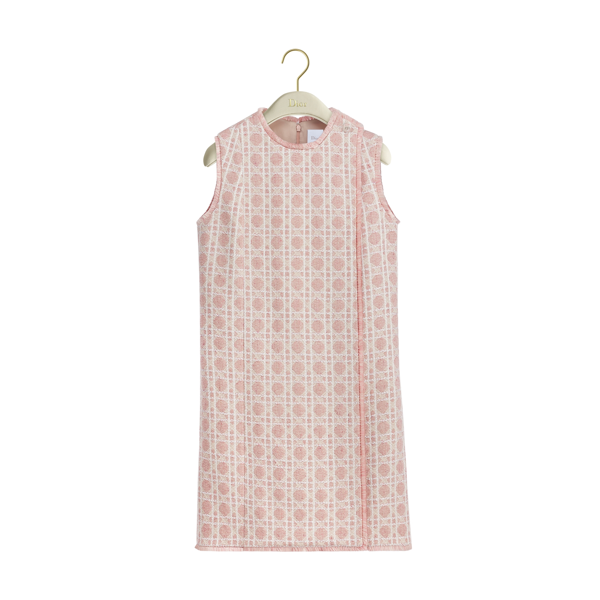 Short Straight Macrocannage Dress Pink and White Sequin-Embroidered Wool-Blend Tweed E01