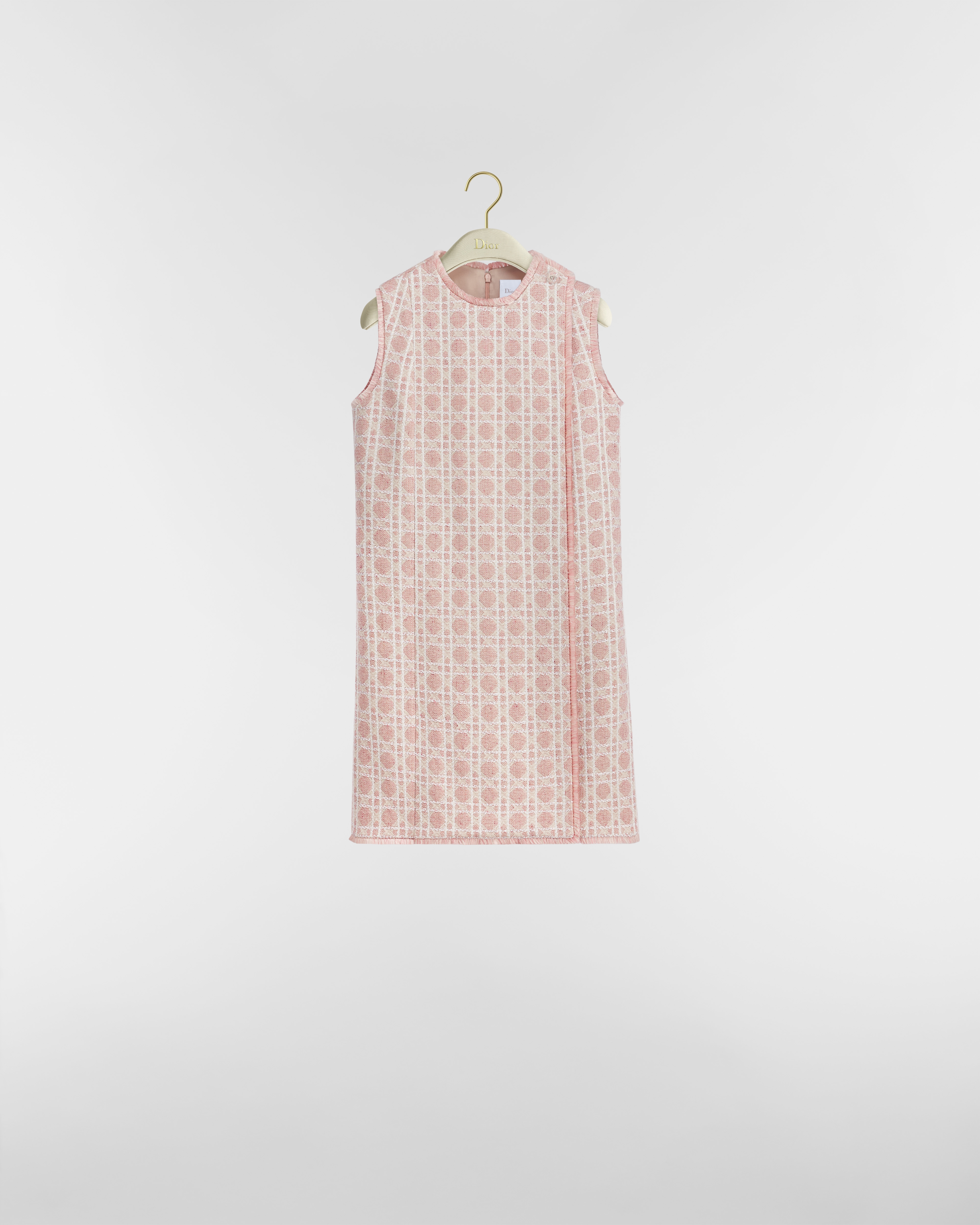 Short Straight Macrocannage Dress Pink and White Sequin-Embroidered Wool-Blend Tweed E01
