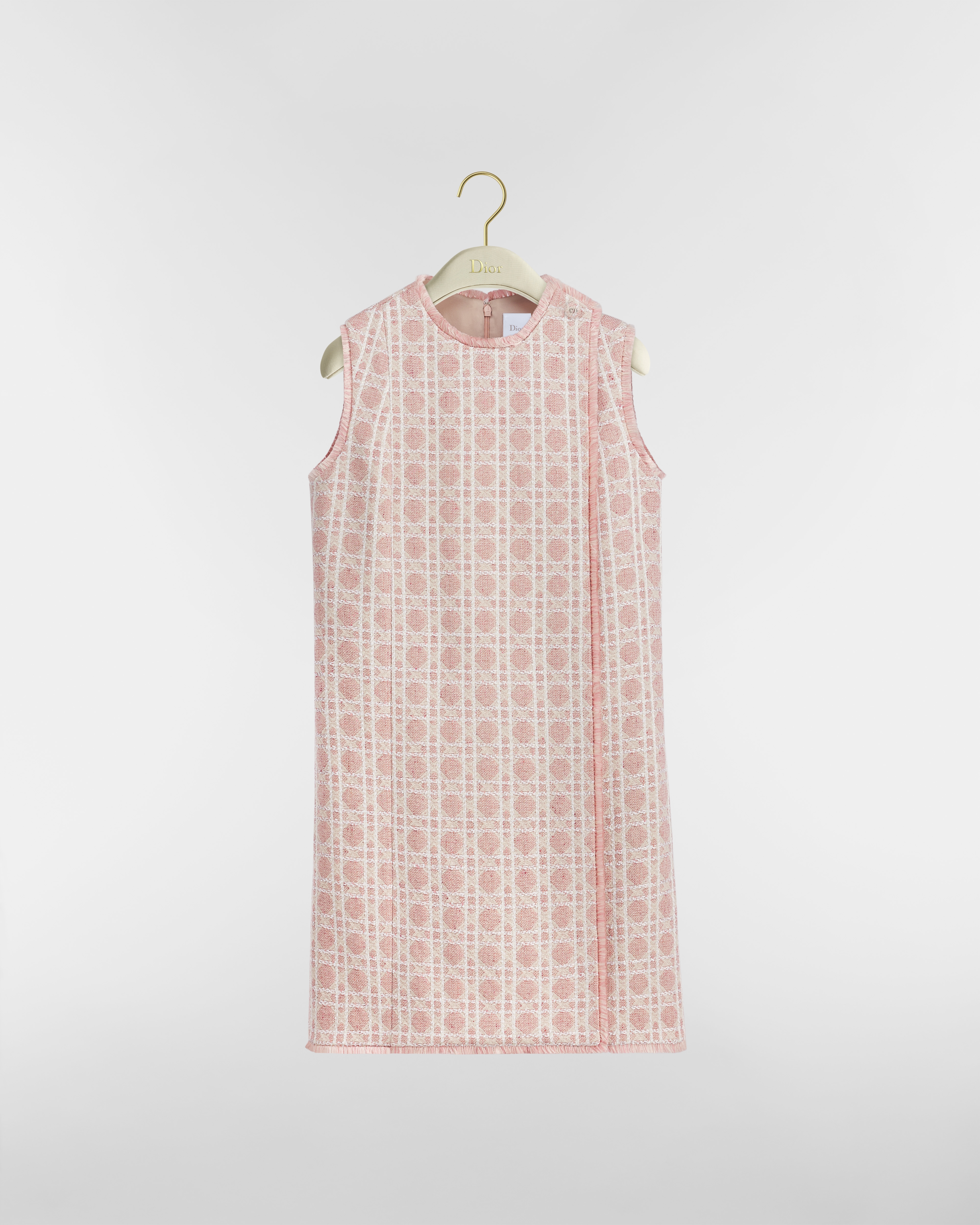 Short Straight Macrocannage Dress Pink and White Sequin-Embroidered Wool-Blend Tweed E01