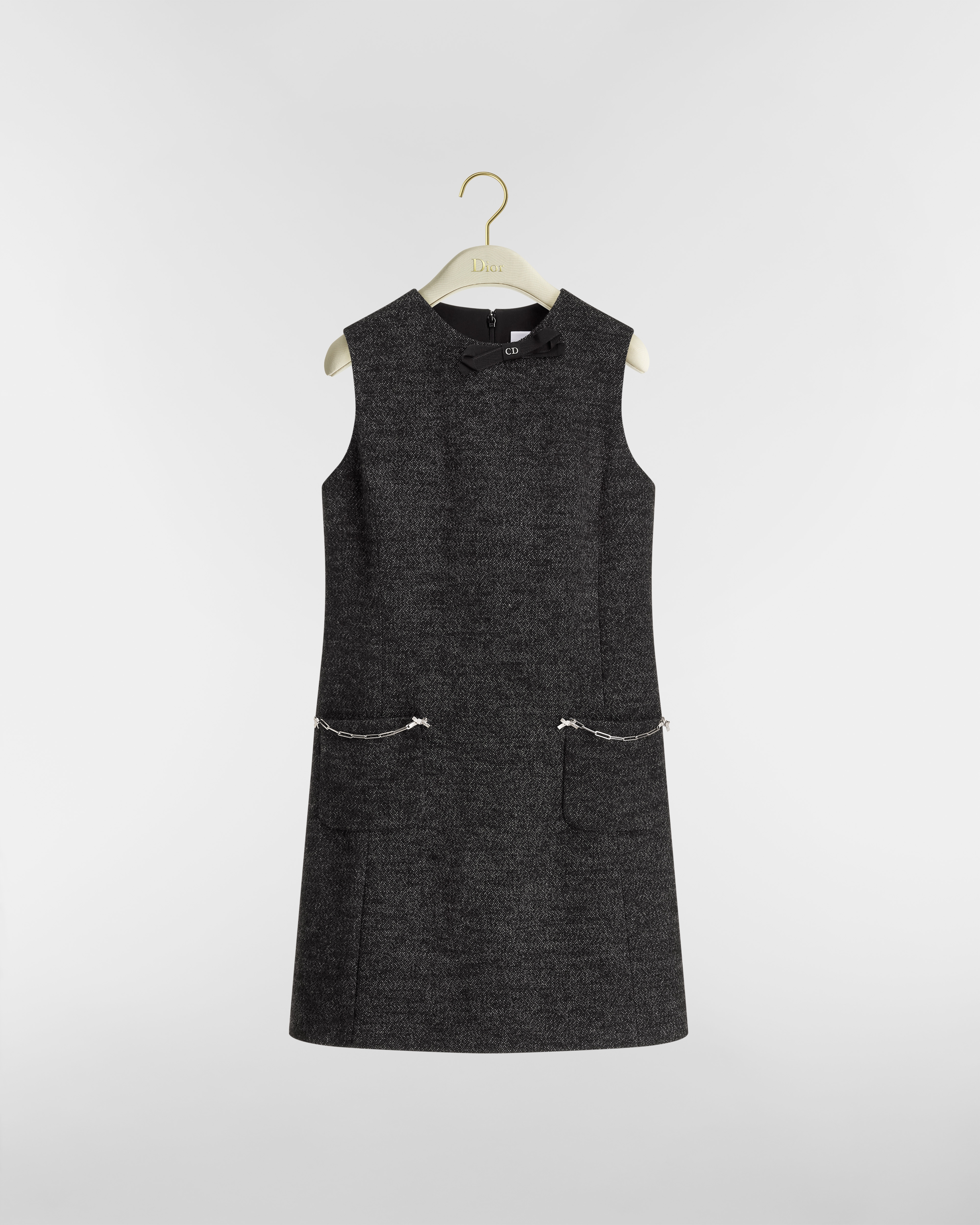 Short Straight Dress Black Virgin Wool-Blend Bouclé Knit E01