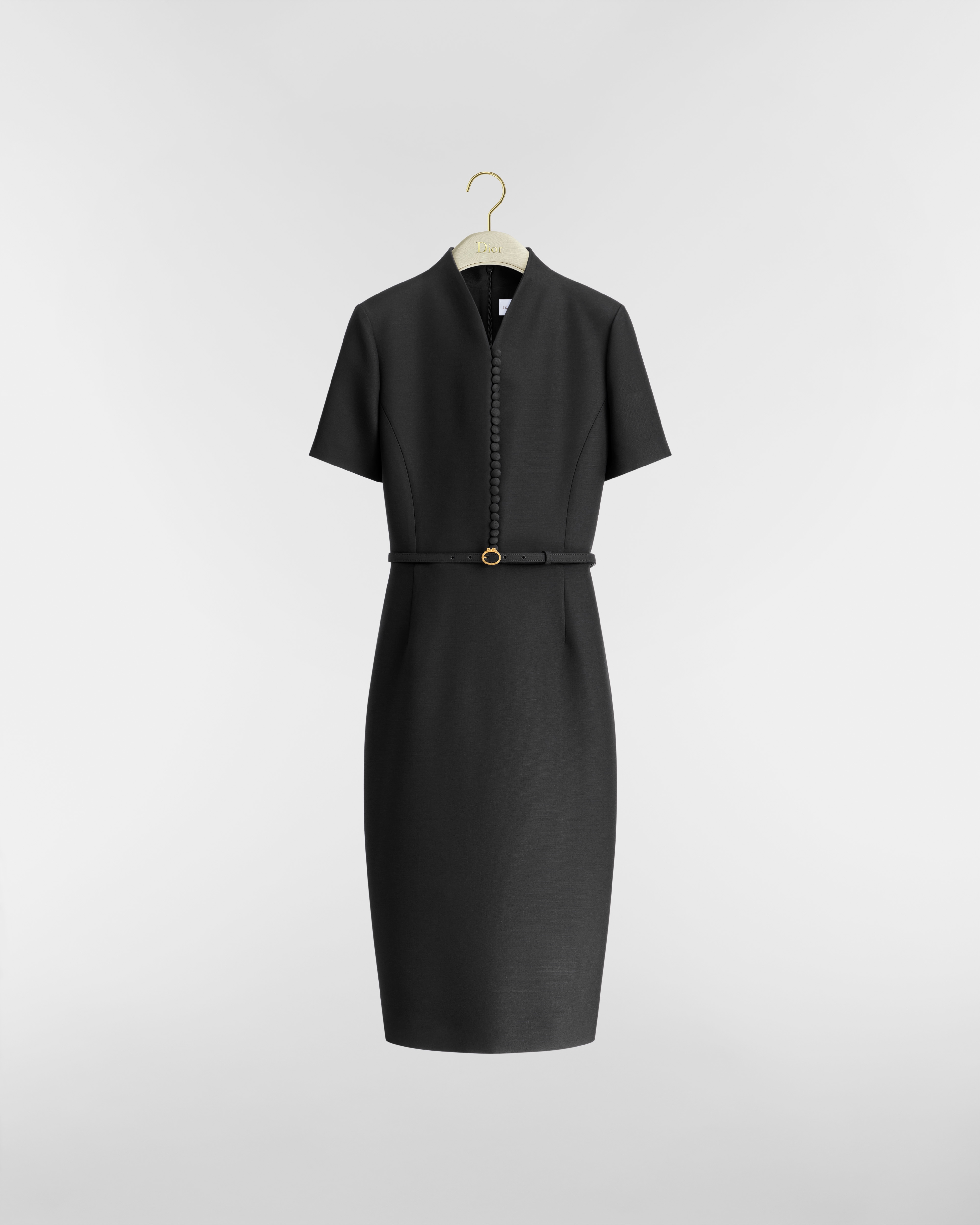 Robe mi-longue ceinturée Laine et soie noires E01