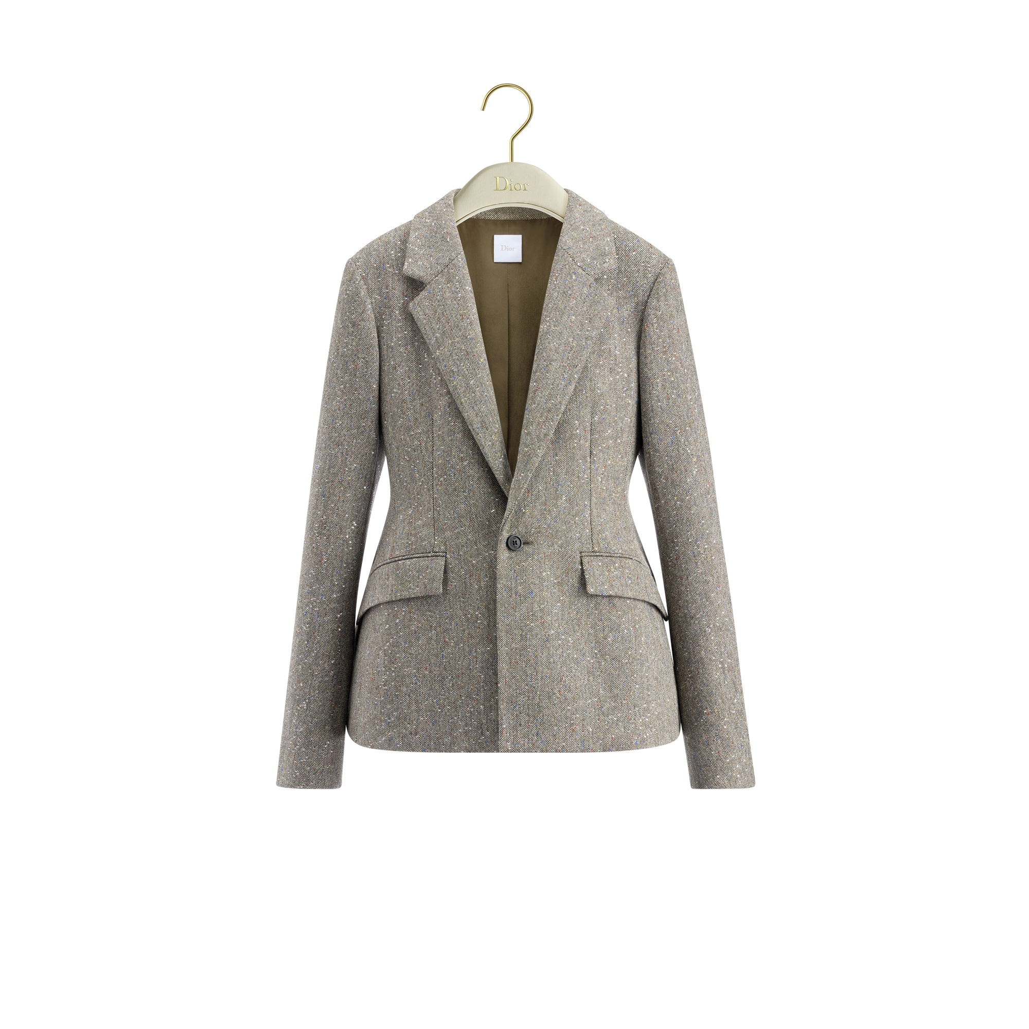 Bar Jacket Khaki Donegal Tweed Embroidered with Multicolor Sequins E01