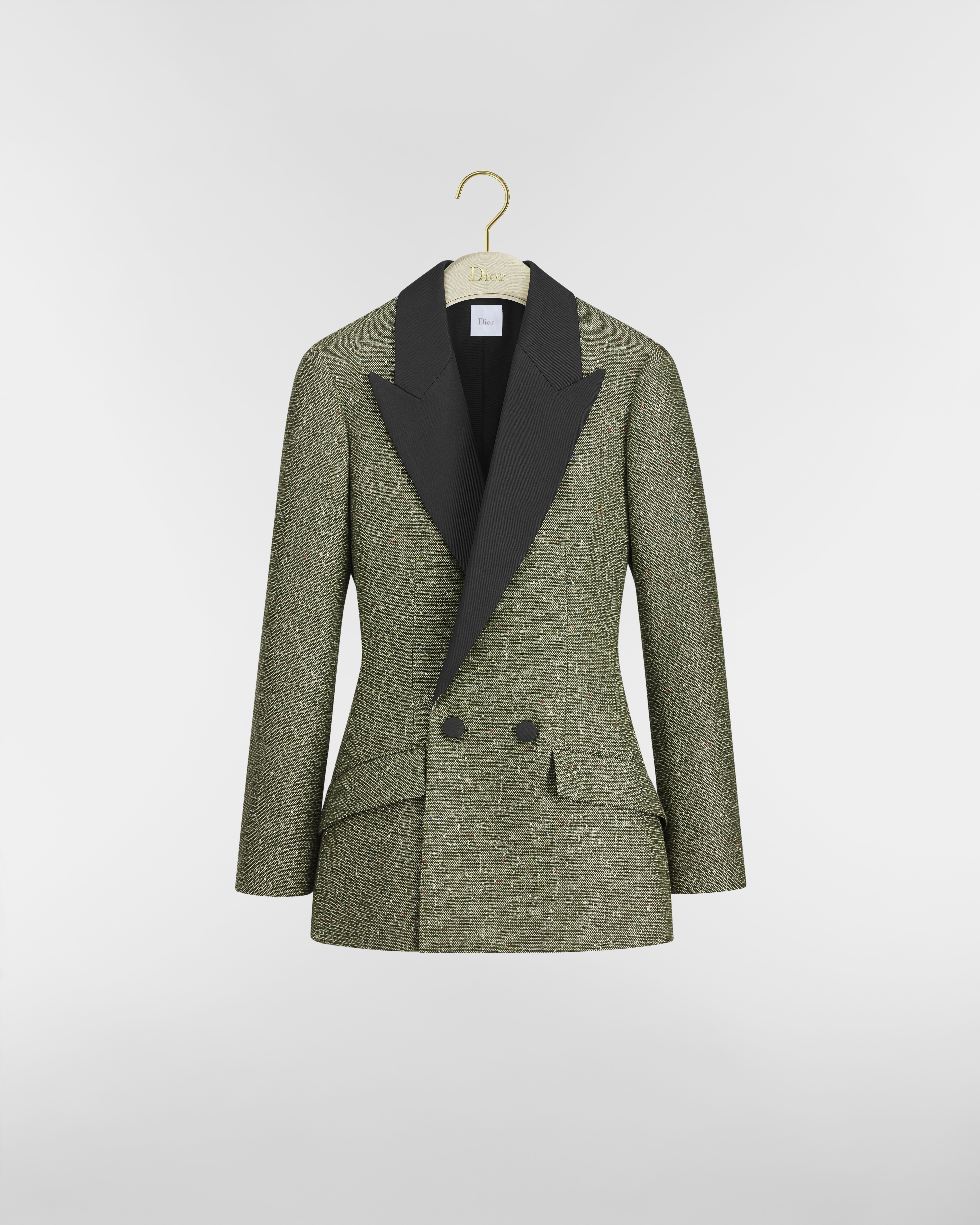 Bar Jacke Donegal-Tweed in Khaki mit Paillettenstickerei in mehreren Farben E01