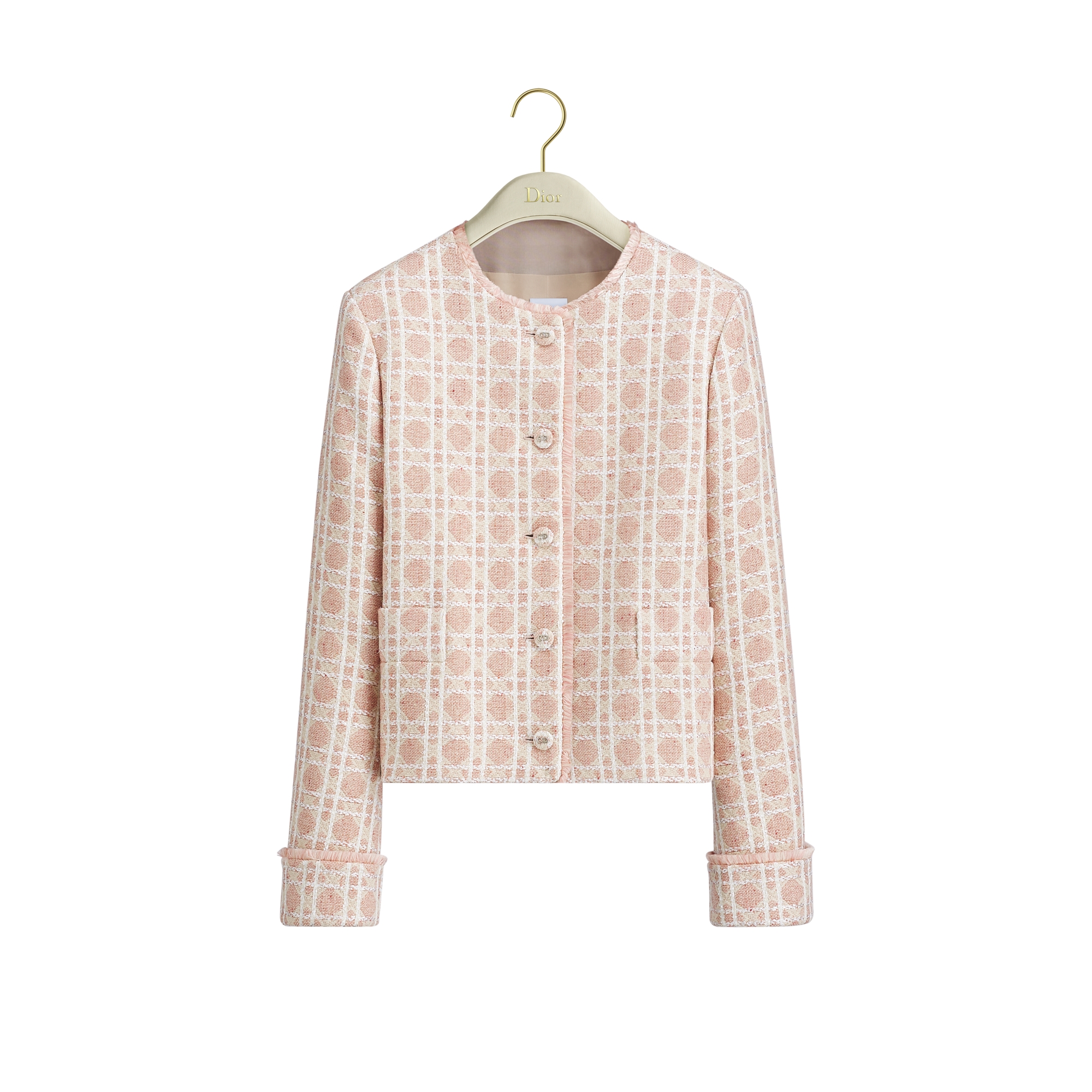 Macrocannage Cropped Jacket Pink and White Sequin-Embroidered Wool-Blend Tweed E01