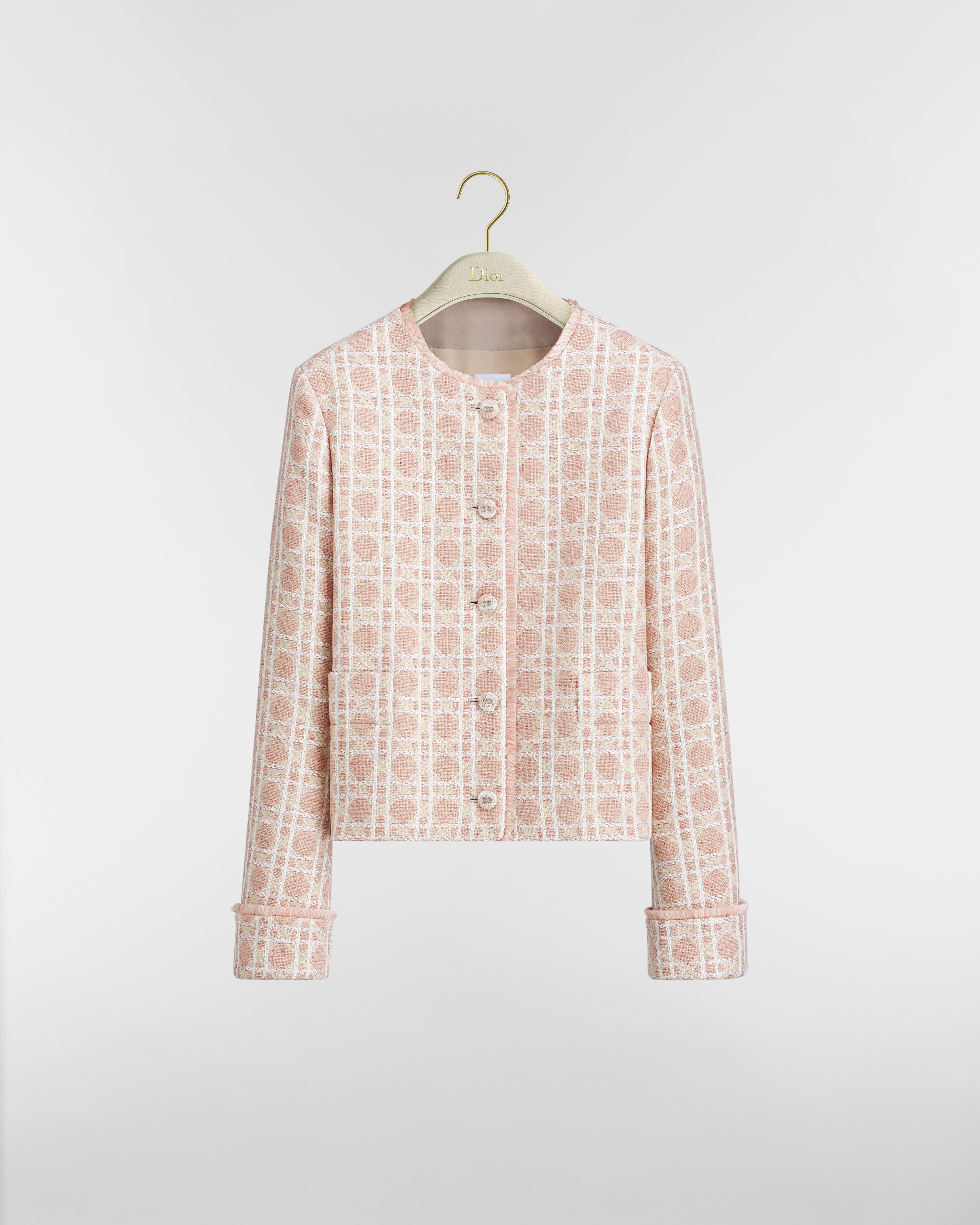 Macrocannage Cropped Jacket Pink and White Sequin-Embroidered Wool-Blend Tweed E01