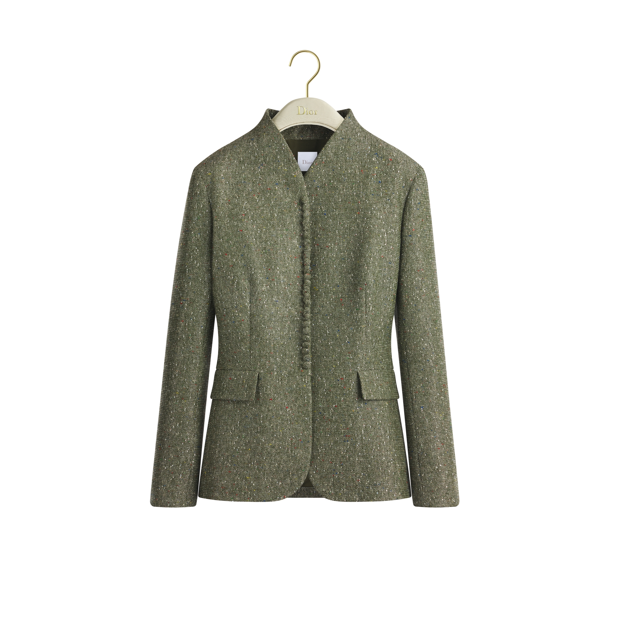 Bar Jacket Khaki Donegal Tweed Embroidered with Multicolor Sequins E01