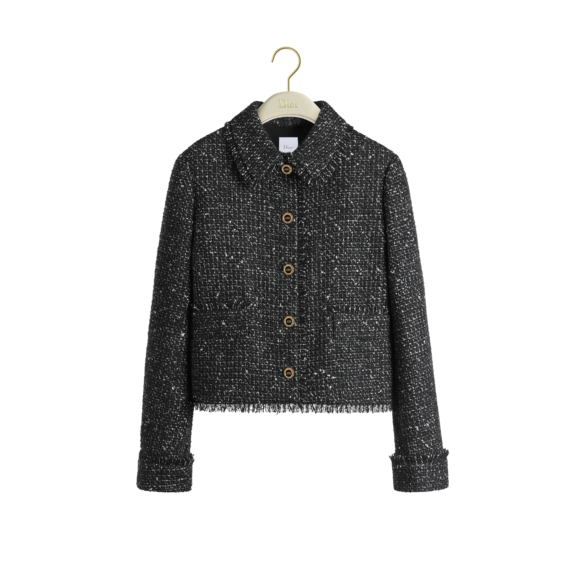 Straight Cropped Jacket Black and White Virgin Wool-Cotton-Mohair-Cashmere-Blend Tweed E01