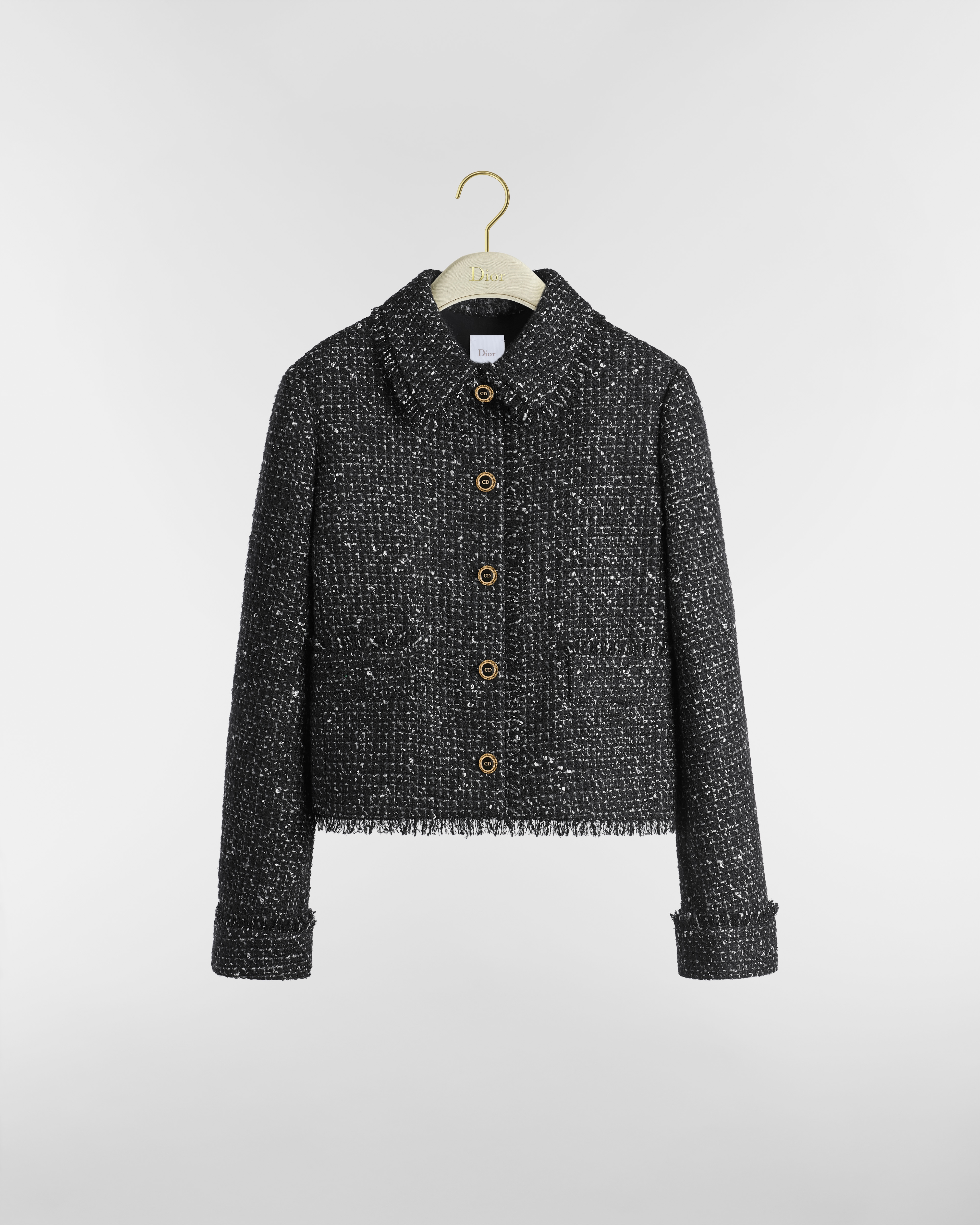 Veste courte droite Tweed de laine vierge, coton, mohair et cachemire mélangés noirs et blancs E01