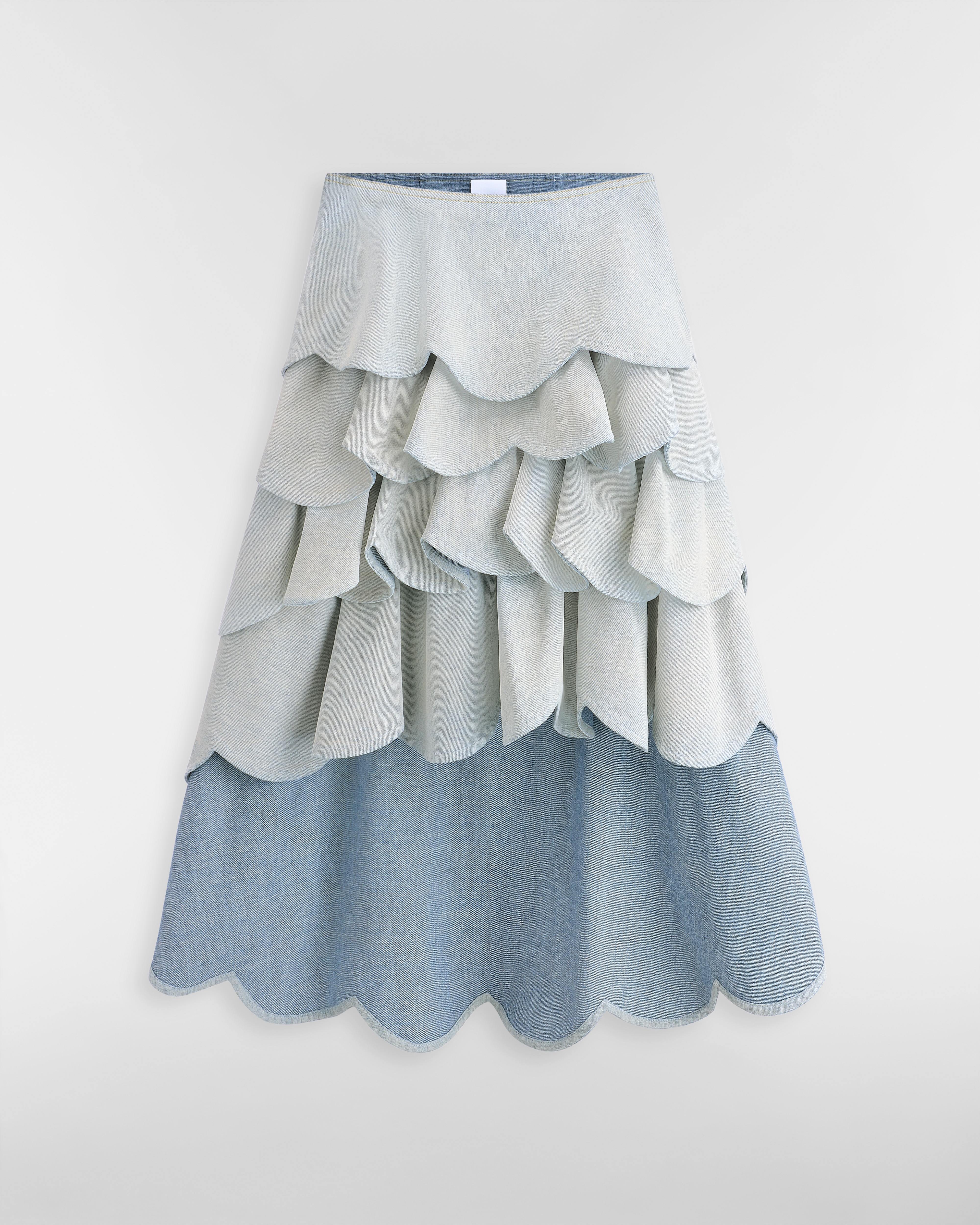 Mid-Length Asymmetrical Ruffled Skirt Light Blue Stonewashed Cotton Denim E01