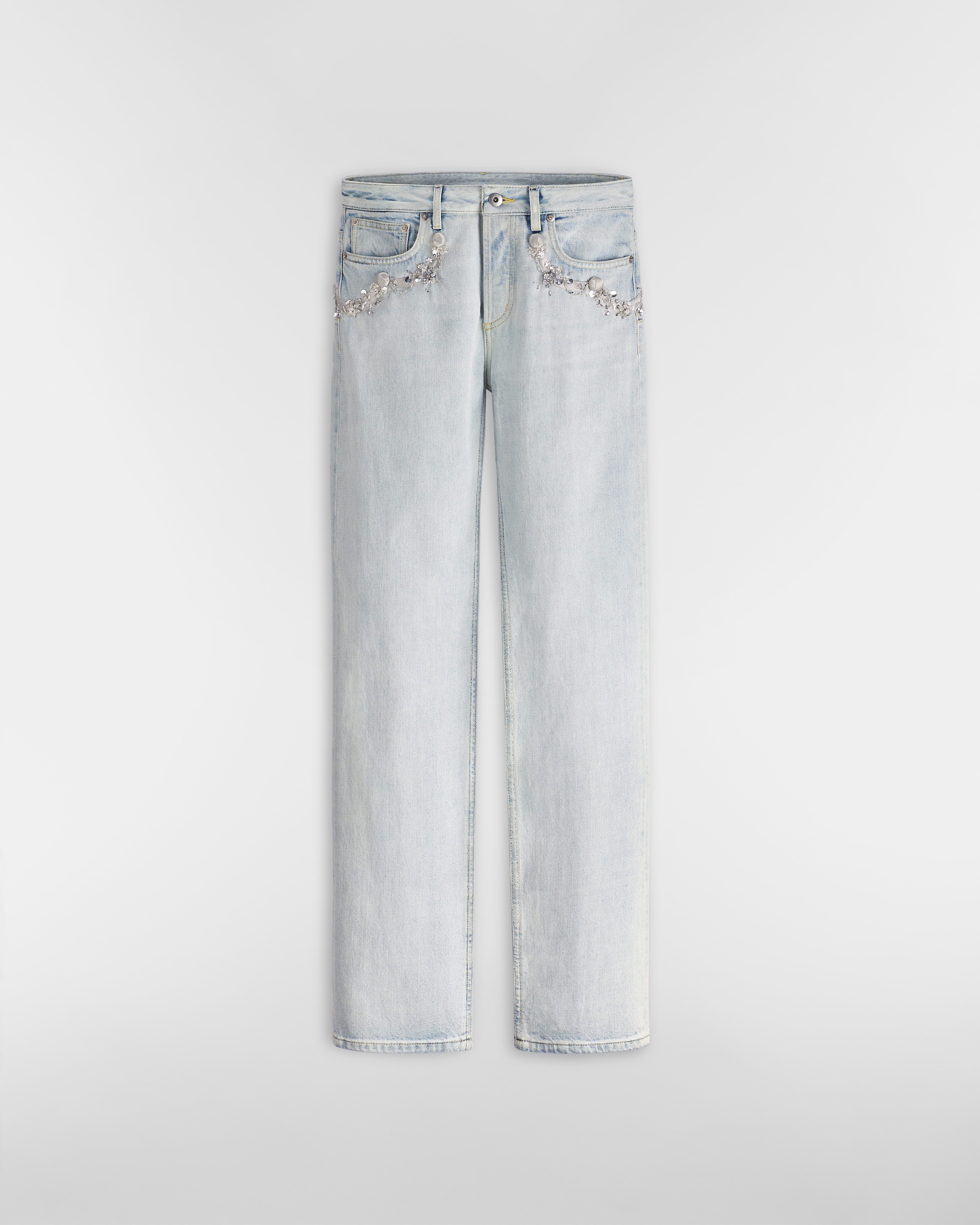 Regular-Fit Embroidered Jeans Light Blue Stonewashed Cotton Denim E01