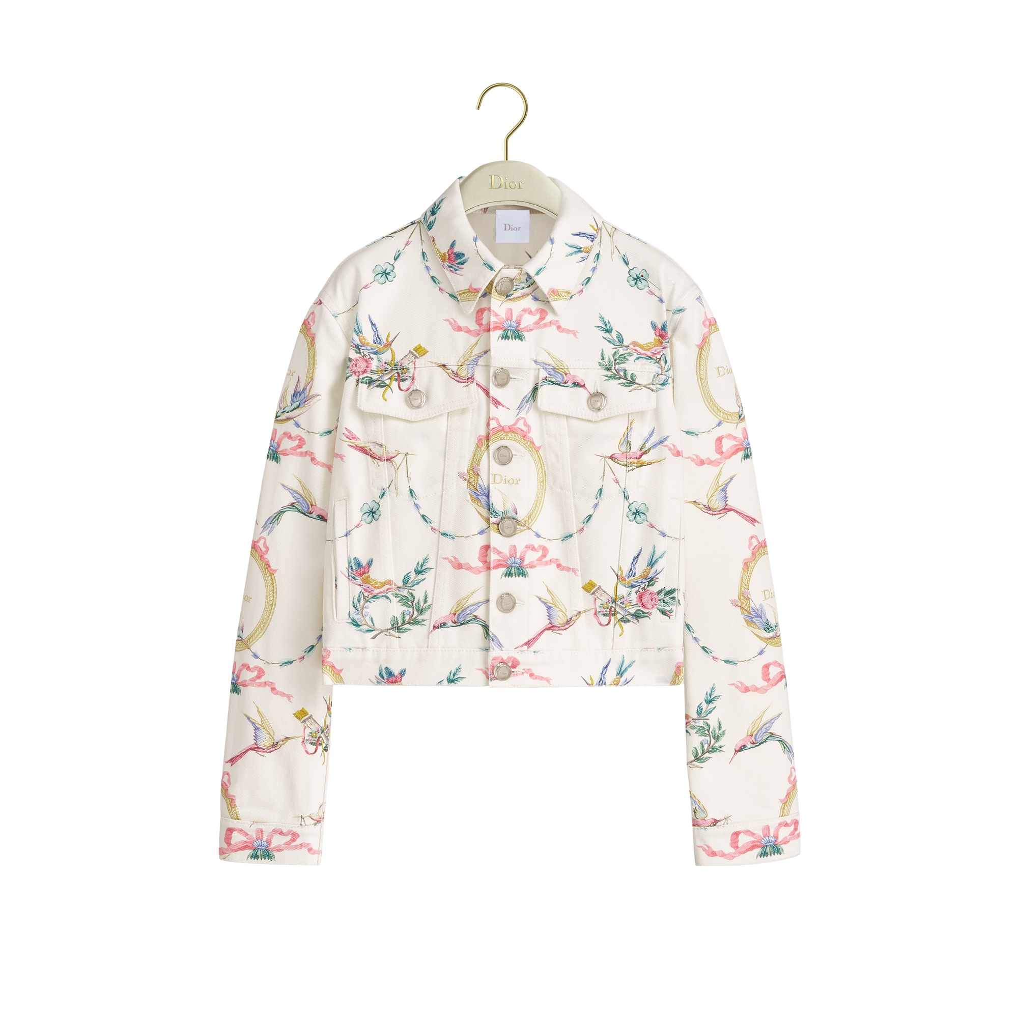 Dior Qixi Cropped Jacket White Cotton Denim with Multicolor Dior Colibri Motif E01
