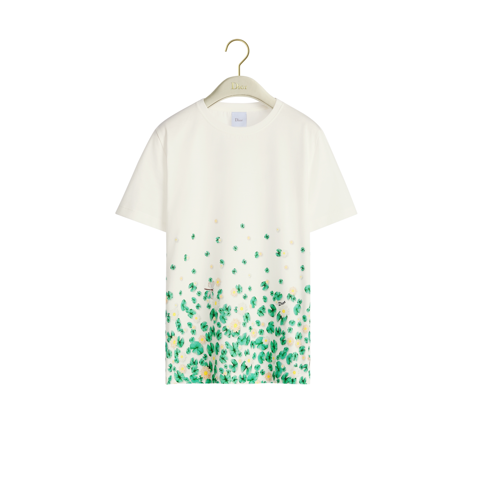 Embroidered Fitted T-Shirt White Cotton Jersey with Multicolor Dior Water Lily Motif E01