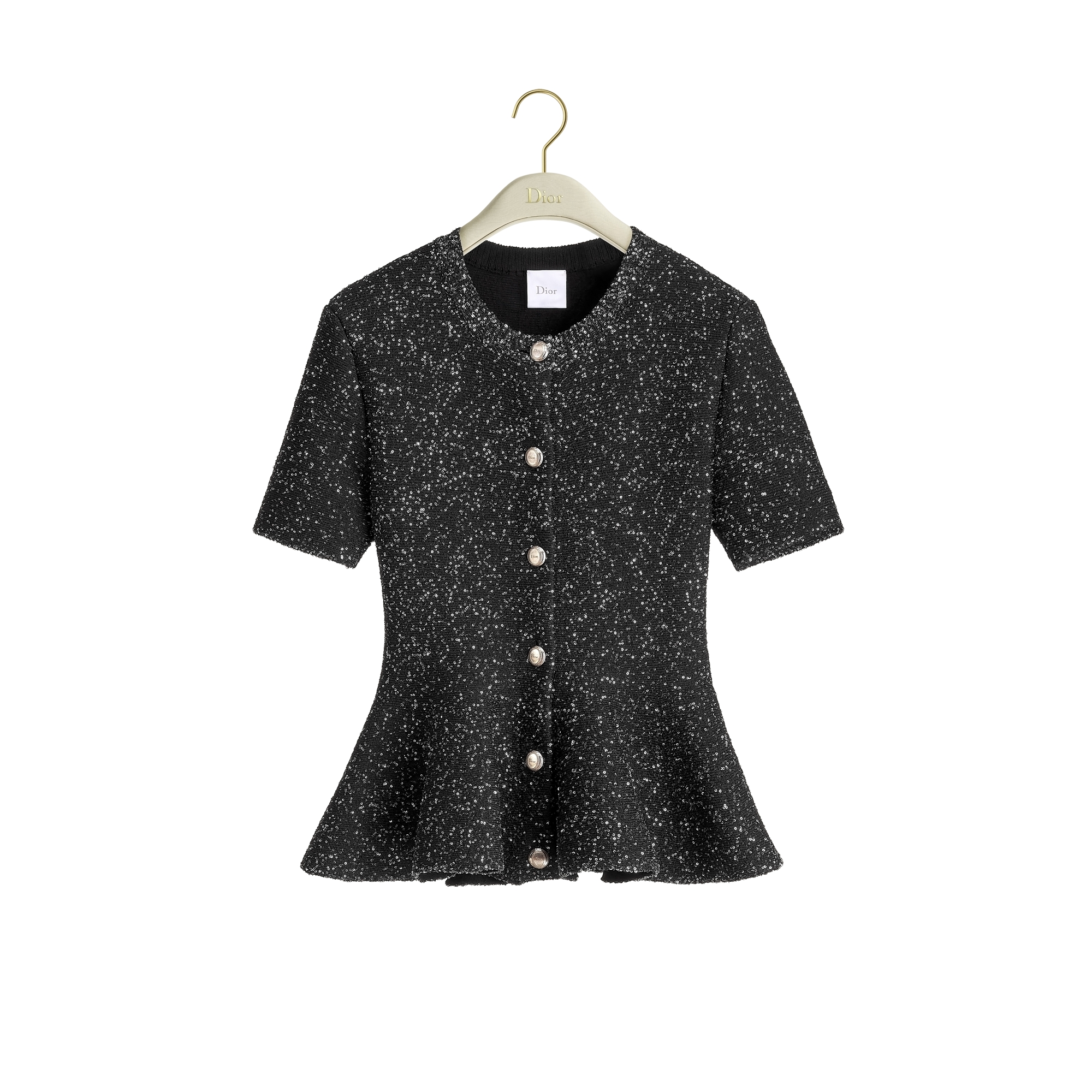 Short-Sleeved Peplum Cardigan Black Technical Knit with Silver-Tone Sequins E01
