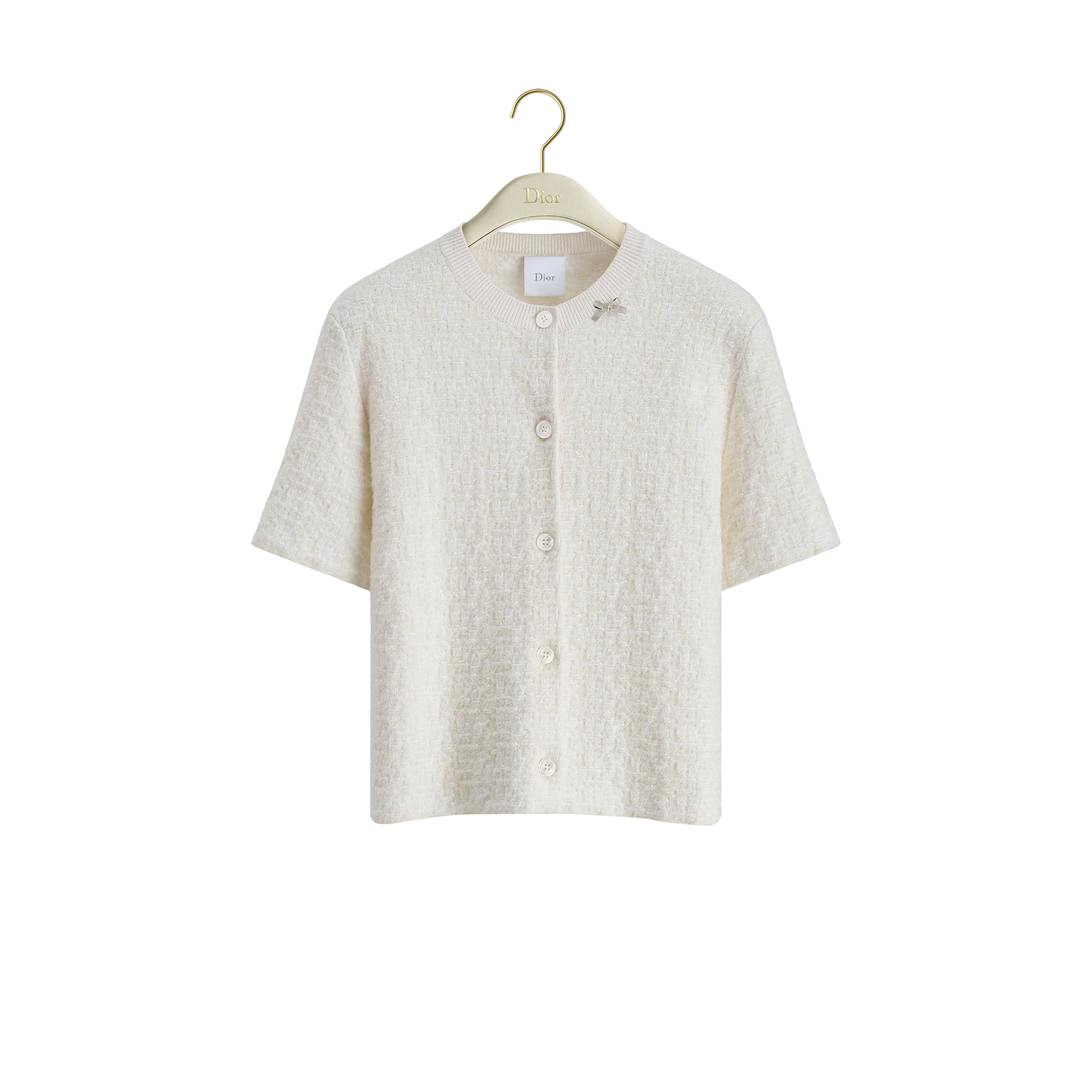 Short-Sleeved Cardigan Ecru Cotton-Wool-Blend Tweed E01