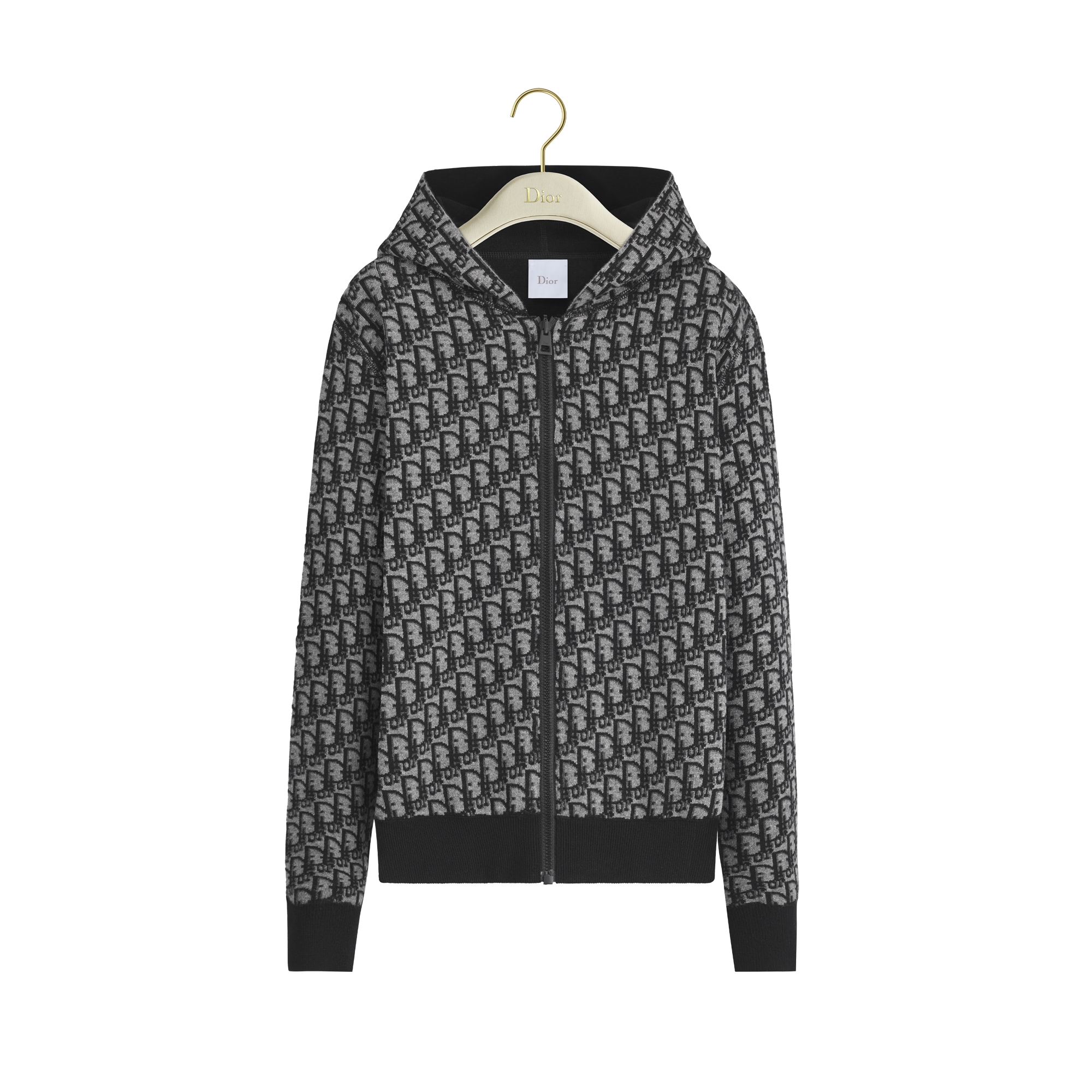 Hooded Zipped Cardigan Black Virgin Wool-Cashmere-Blend Jacquard with Dior Oblique Interior E01
