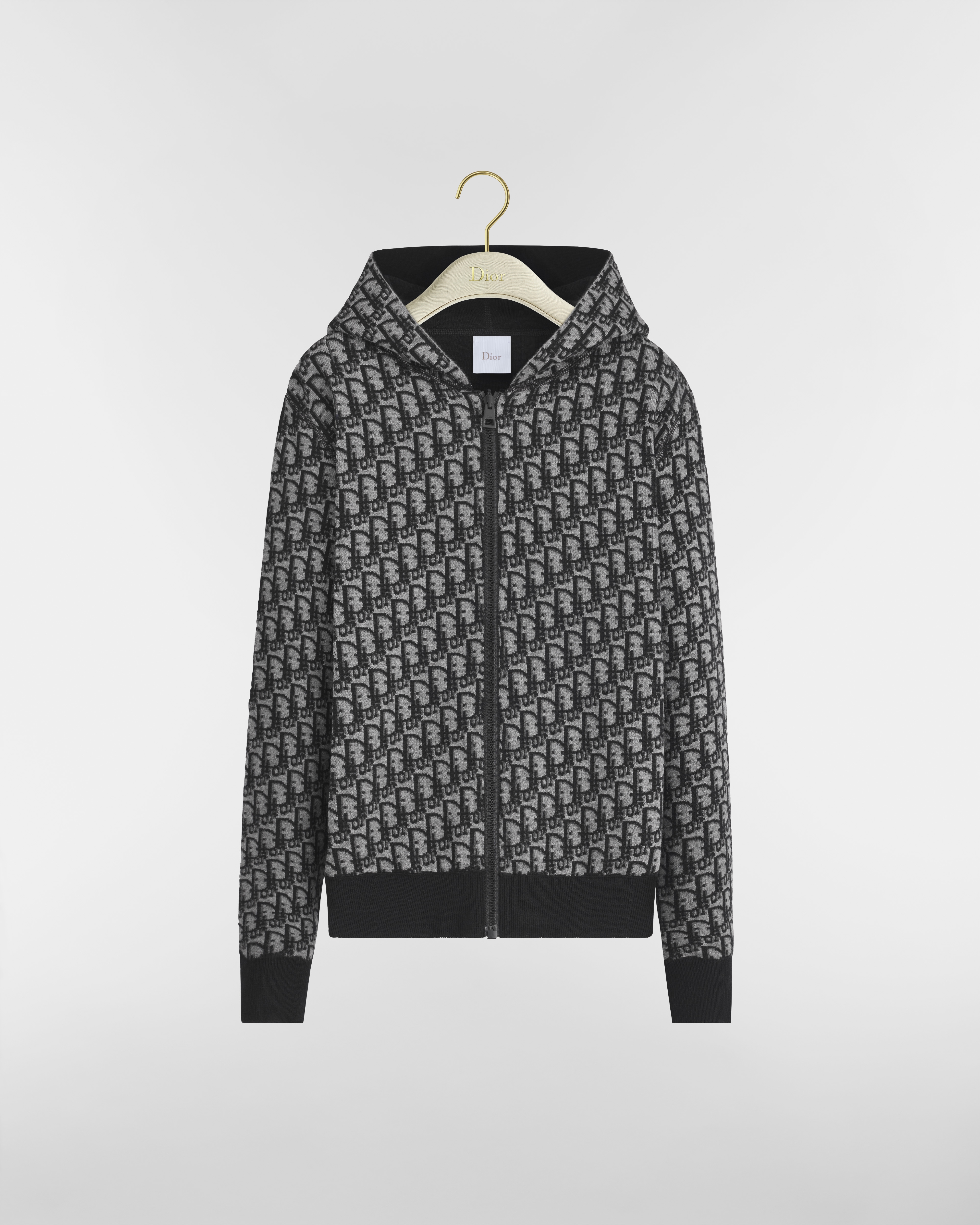 Hooded Zipped Cardigan Black Virgin Wool-Cashmere-Blend Jacquard with Dior Oblique Interior E01