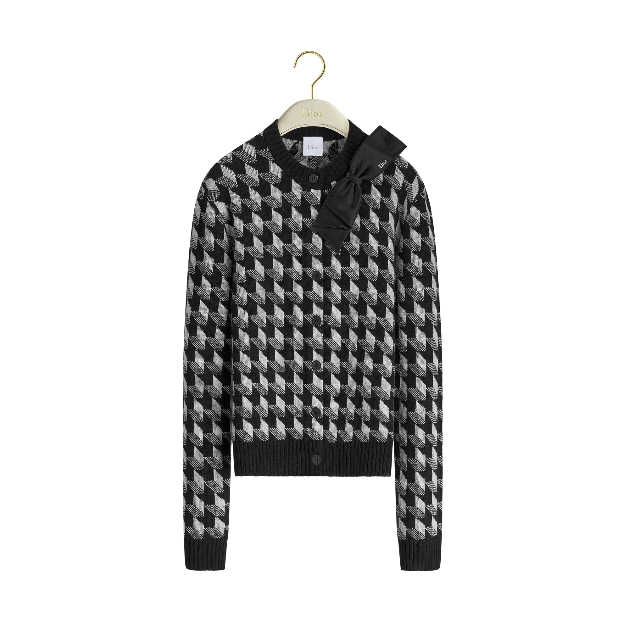 Bow Cardigan Black and White Graphic Wool-Cashmere-Blend Jacquard E01