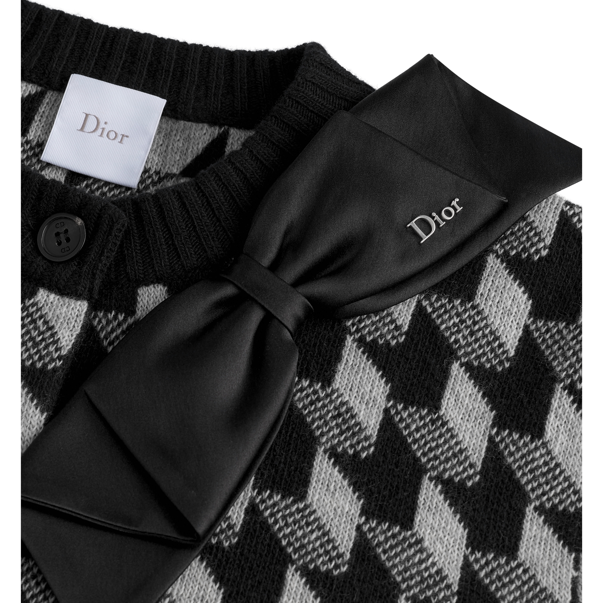 Bow Cardigan Black and White Graphic Wool-Cashmere-Blend Jacquard E09