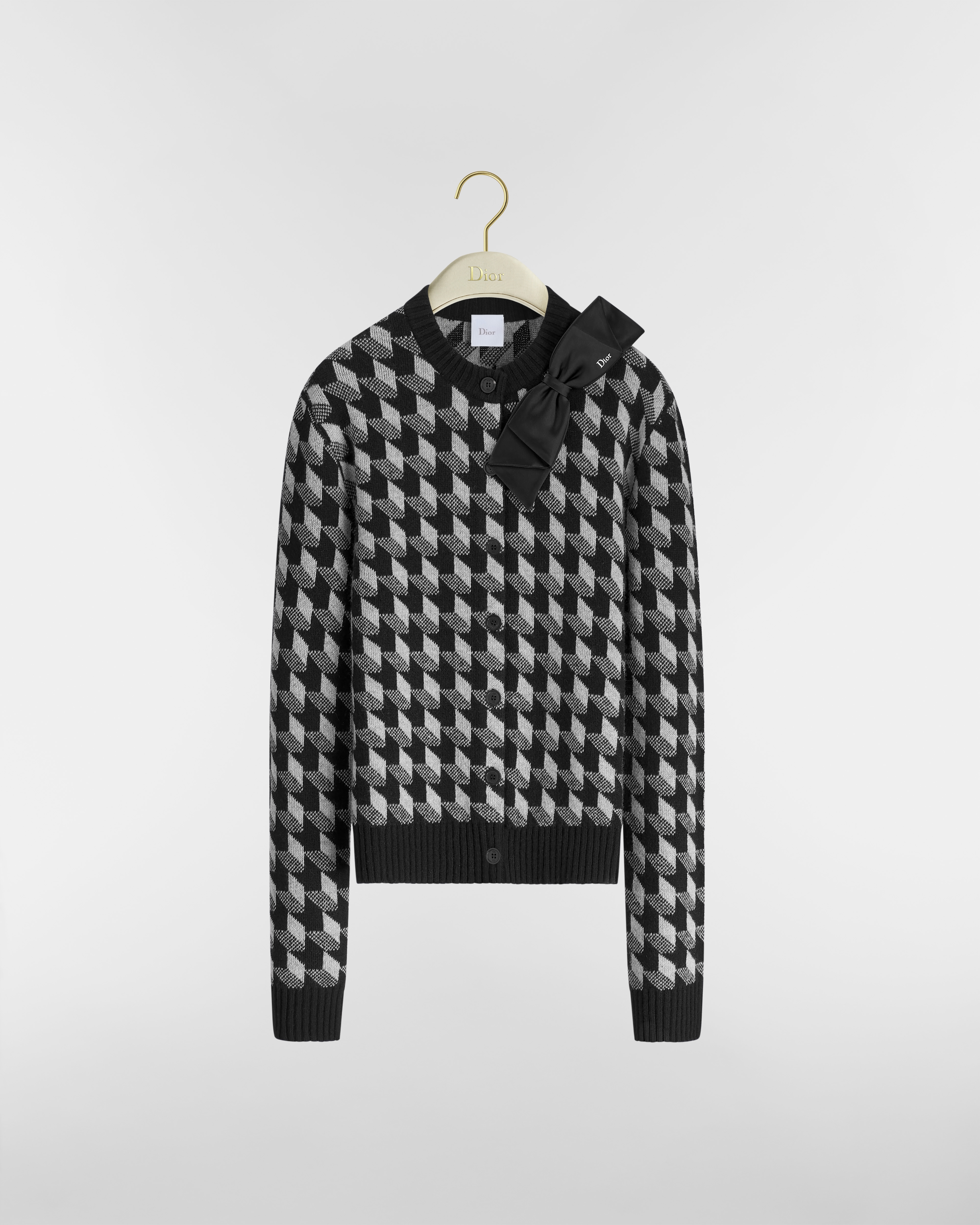 Bow Cardigan Black and White Graphic Wool-Cashmere-Blend Jacquard E01
