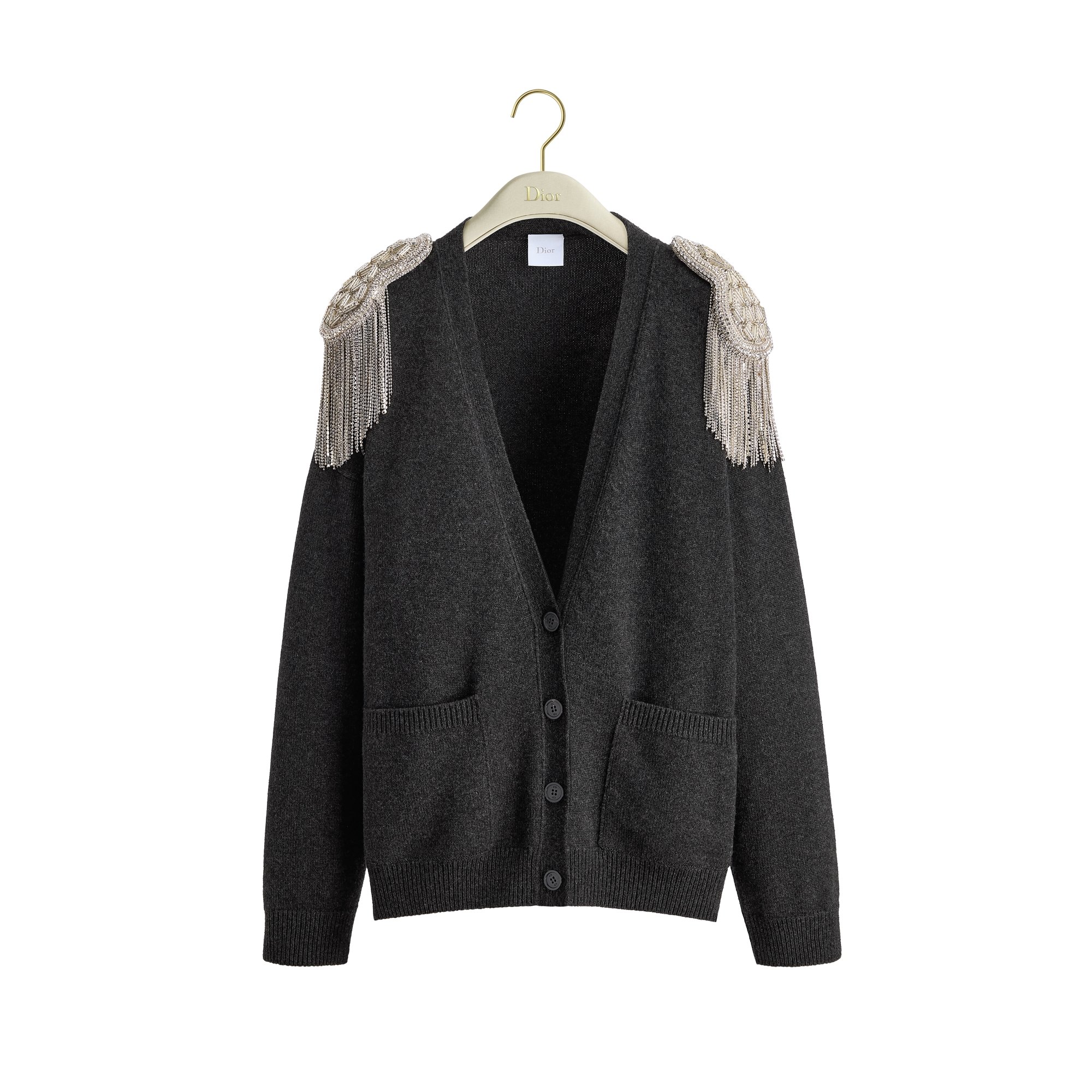 Oversized Cardigan with Embroidered Epaulets Gray Virgin Wool Knit