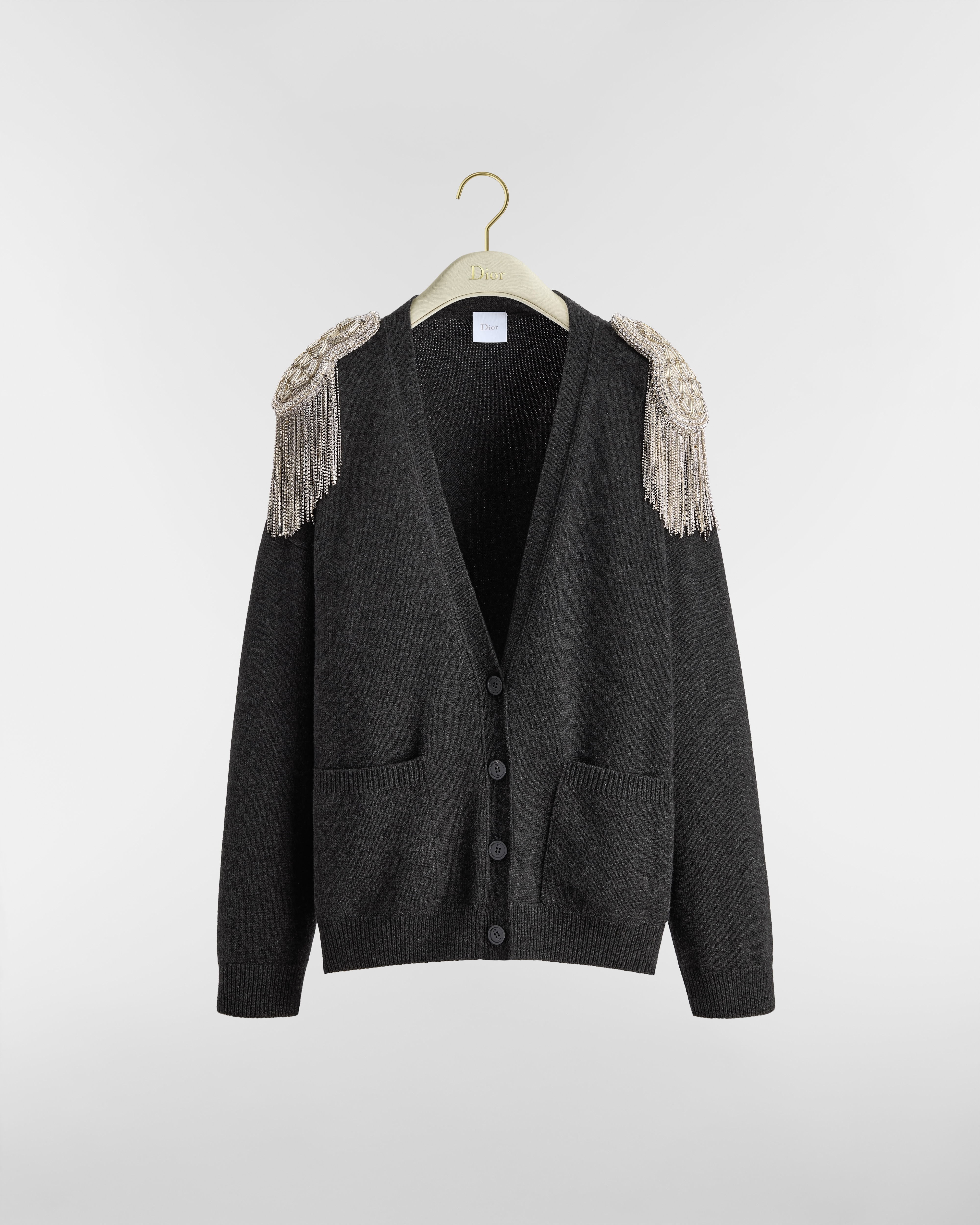 Oversized Cardigan with Embroidered Epaulets Gray Virgin Wool Knit E01