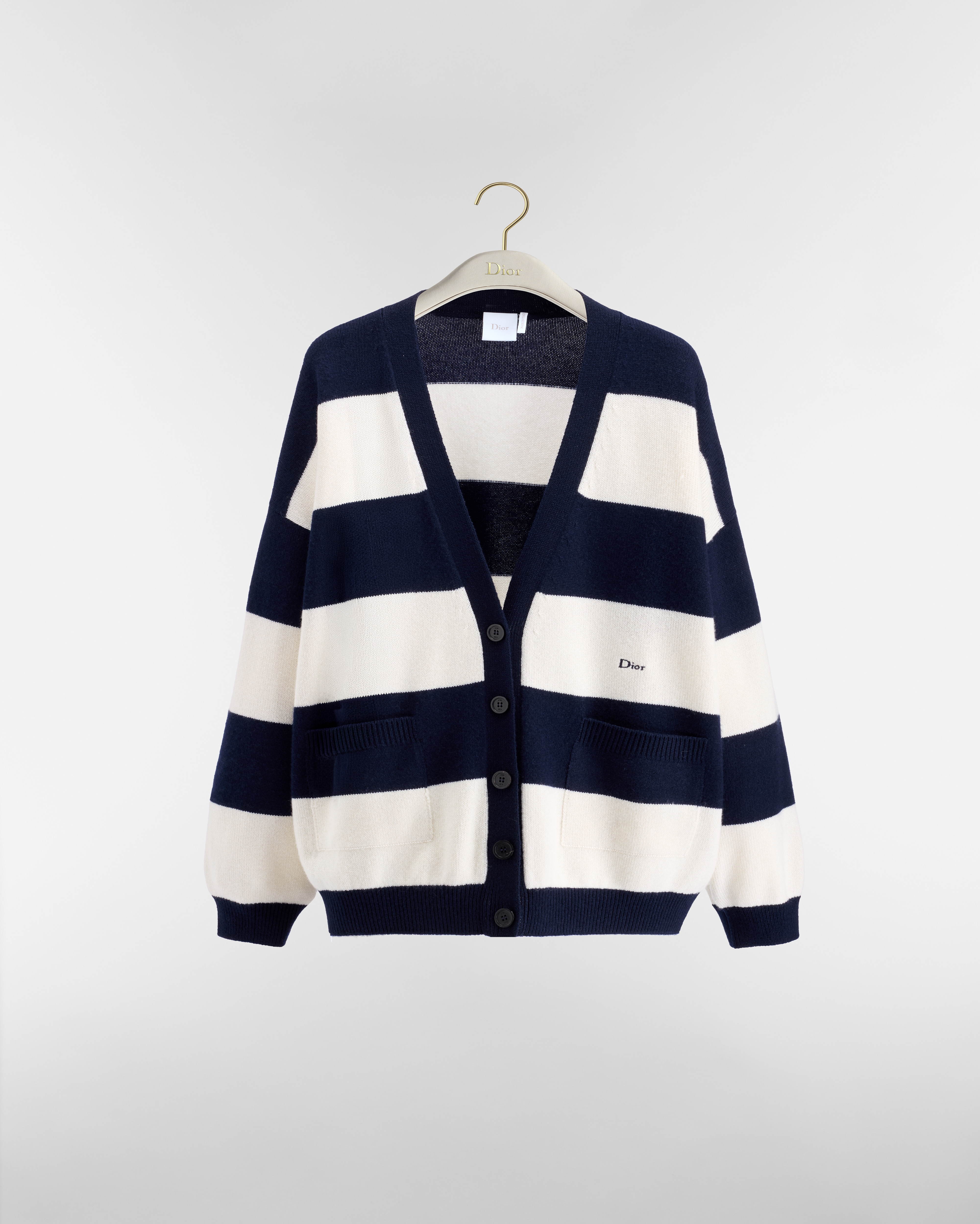 Oversized-Cardigan Jerseystrick aus Kaschmir mit D-Stripes in Marineblau und Weiß E01