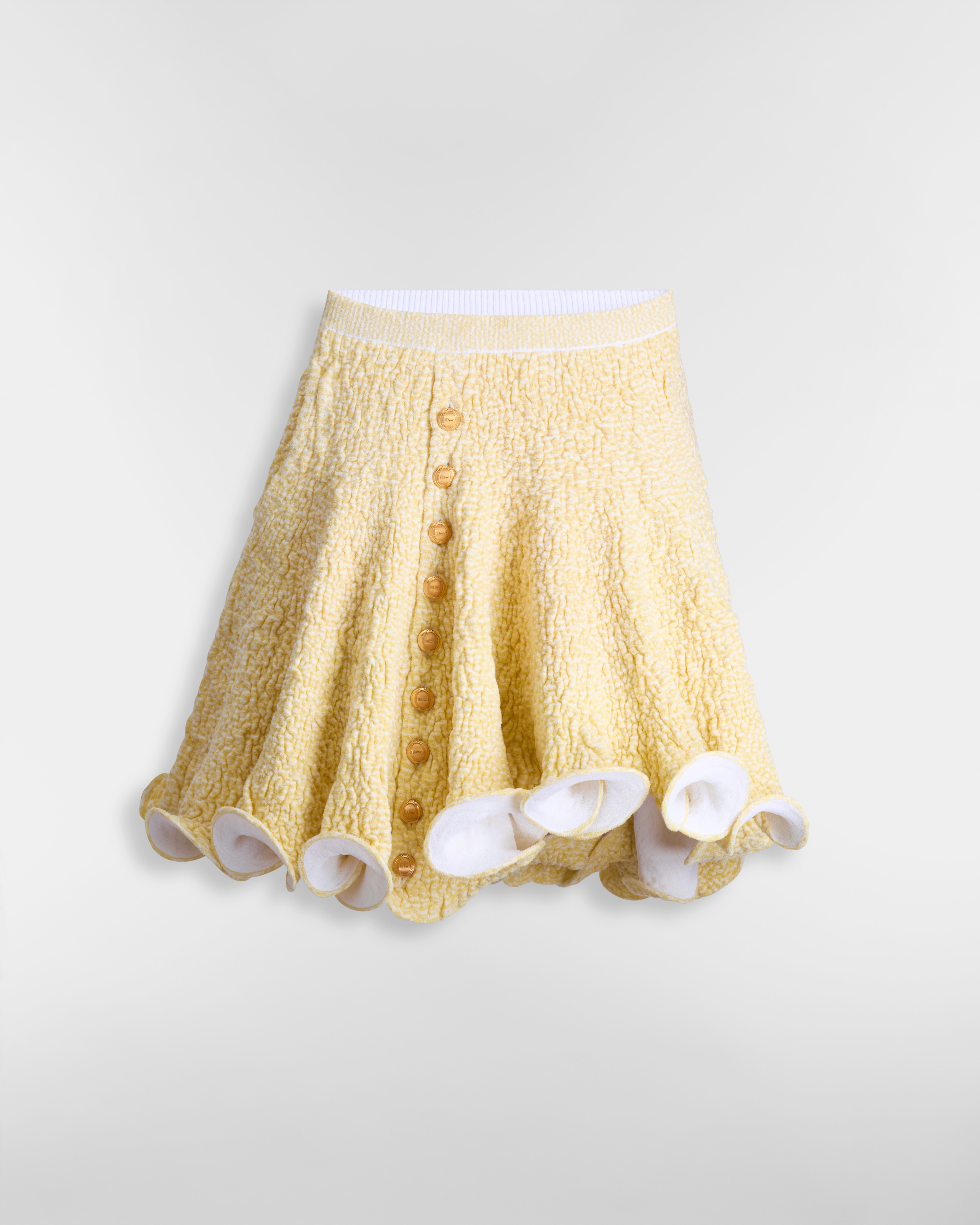 Asymmetrical Miniskirt with Ruffles Yellow and White Astrakhan-Effect Technical Knit E01