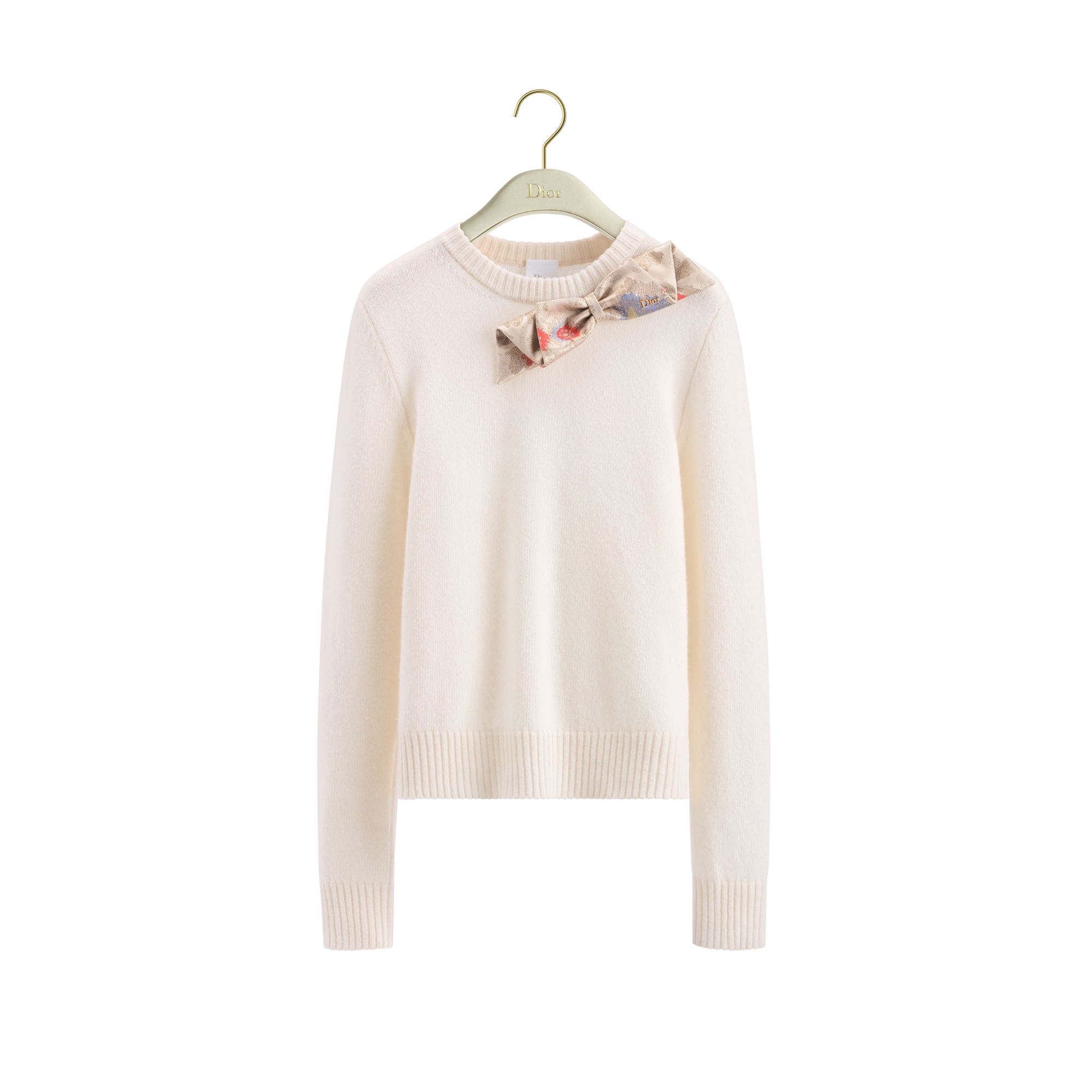Sweater with Bow Ecru Wool and Cashmere Jersey Knit with Multicolor Dior Byzance Garden Metallic Jacquard E01