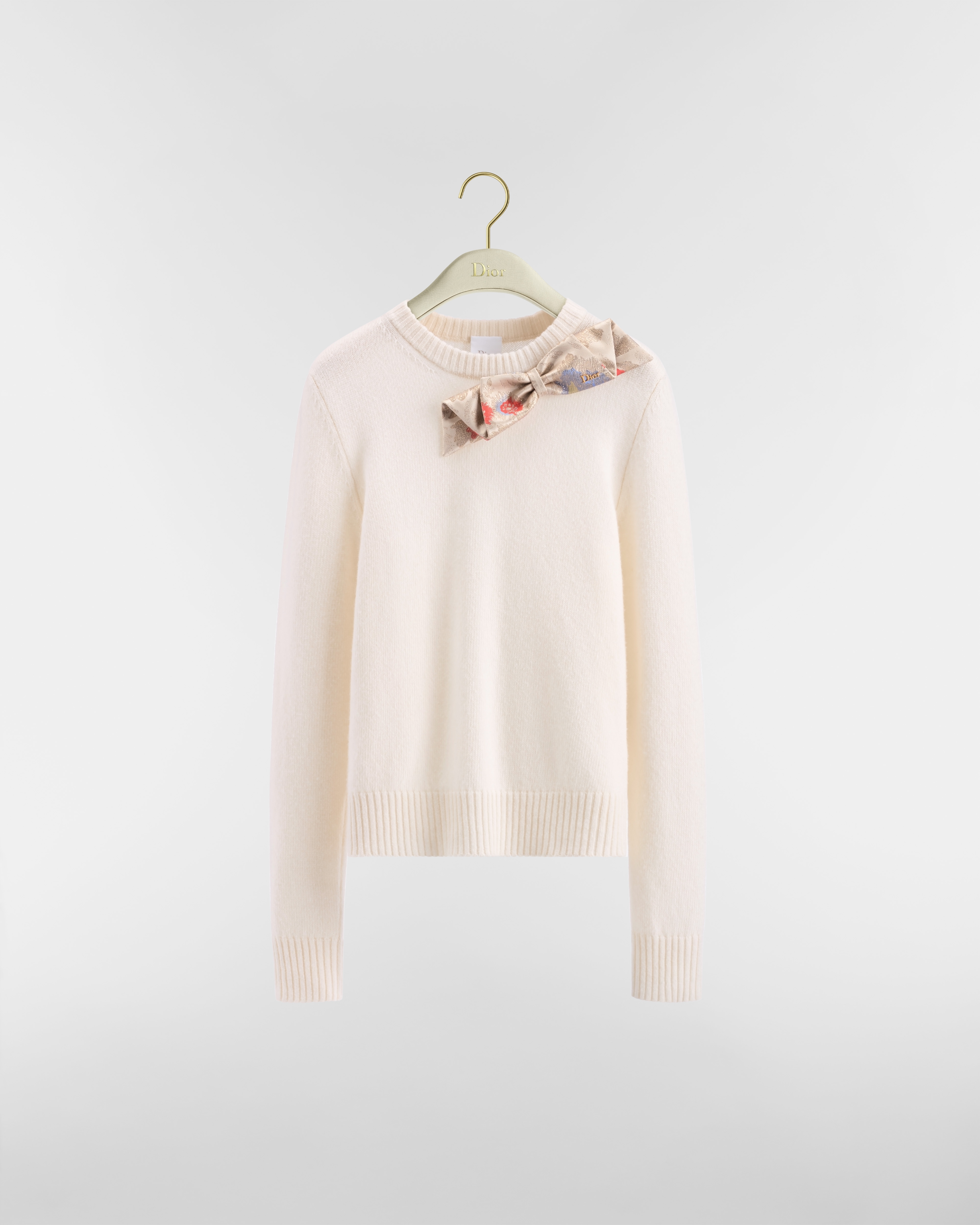 Sweater with Bow Ecru Wool and Cashmere Jersey Knit with Multicolor Dior Byzance Garden Metallic Jacquard E01