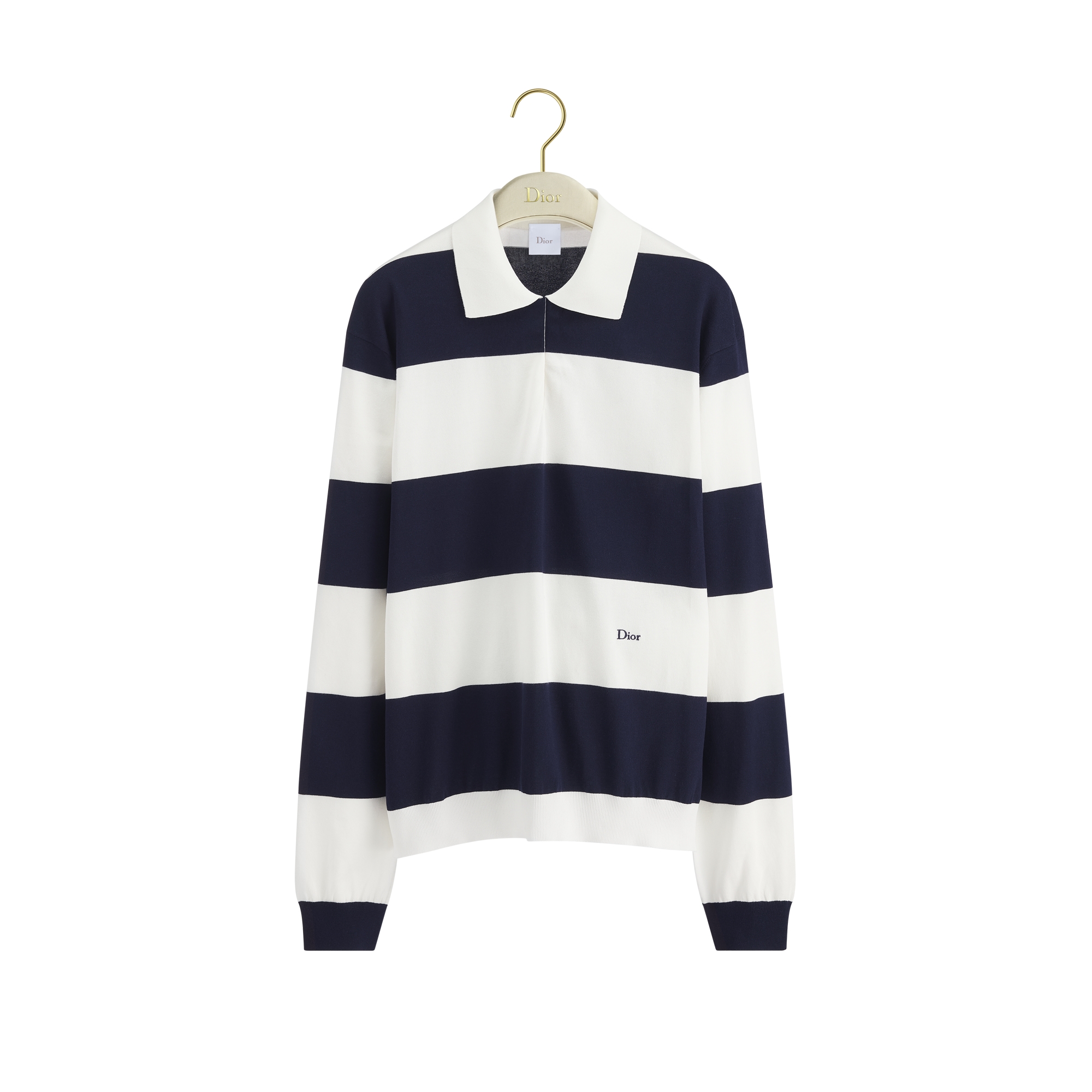 Dior Marinière Long-Sleeved Polo Shirt Navy Blue and White Cotton Knit E01