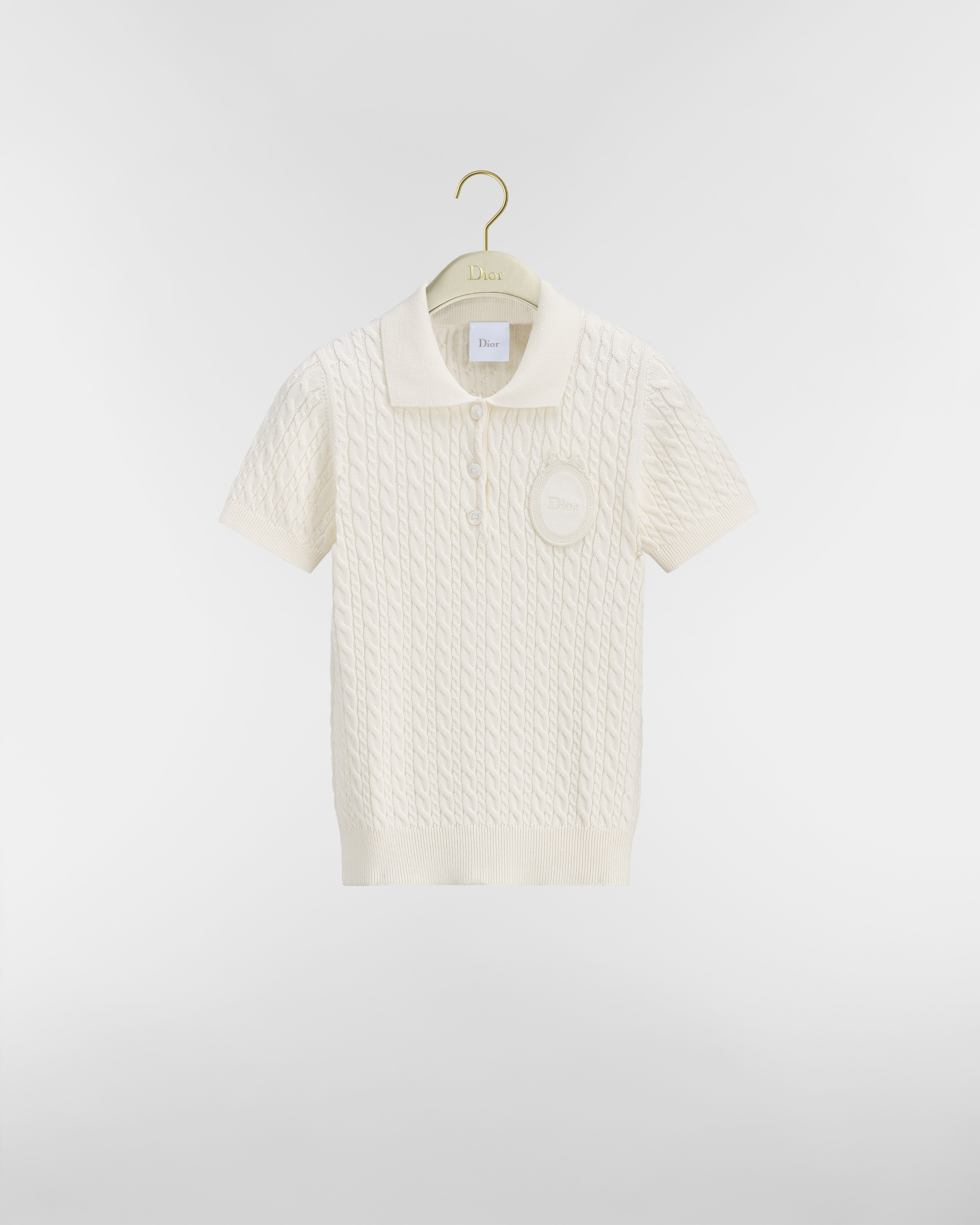 Dior Médaillon Embroidered Short-Sleeved Sweater White Cable-Knit Cotton and Wool E01