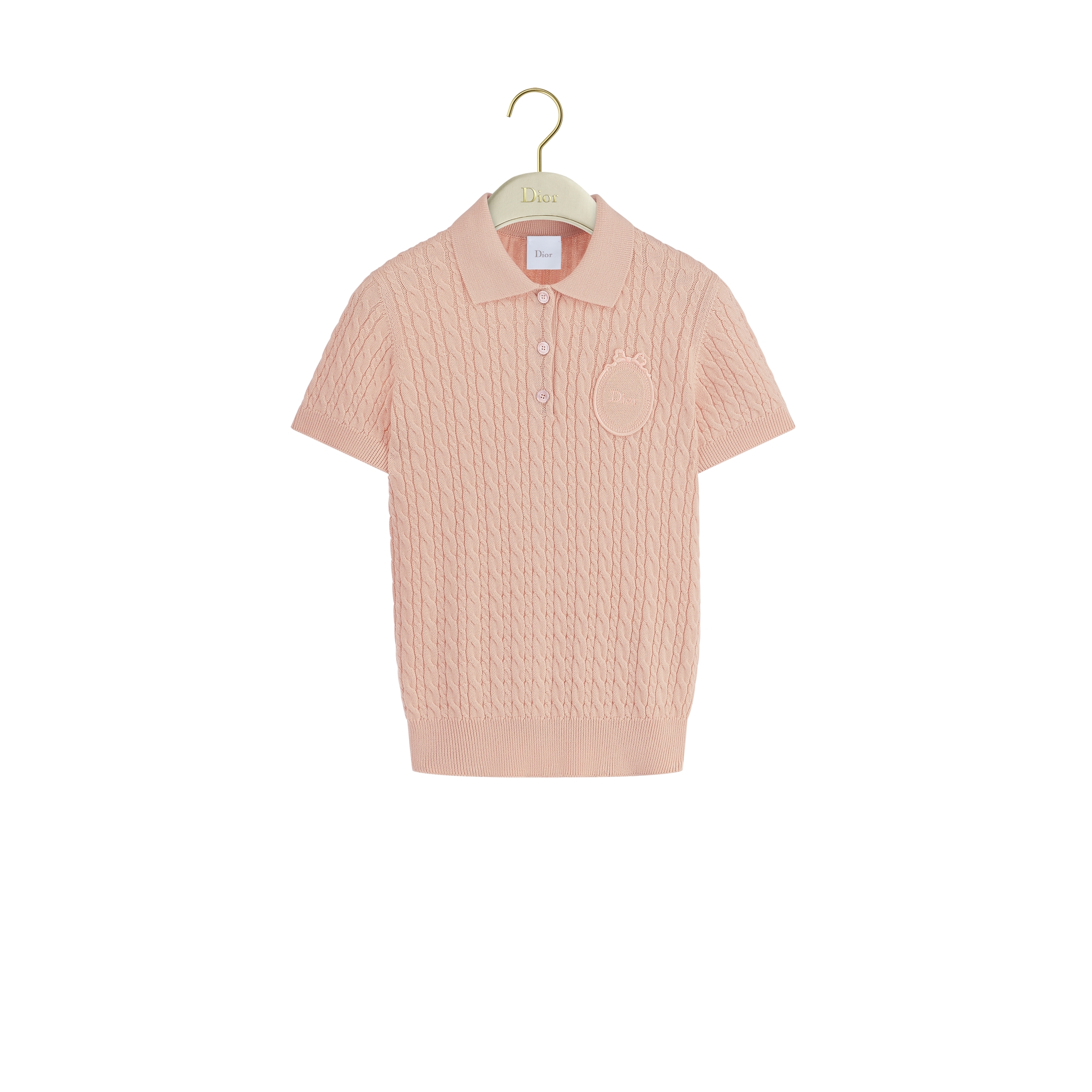 Dior Médaillon Embroidered Short-Sleeved Sweater Pink Cable-Knit Cotton and Wool E01
