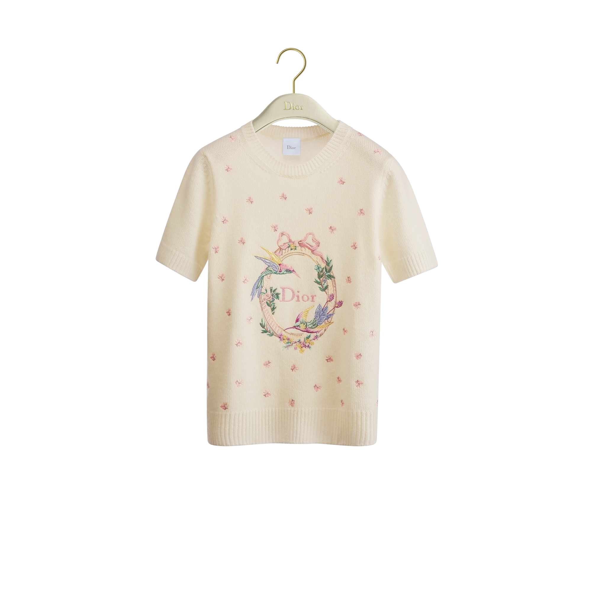 Dior Qixi Embroidered Short-Sleeved Sweater White Cashmere Jersey with Multicolor Dior Colibri Motif E01