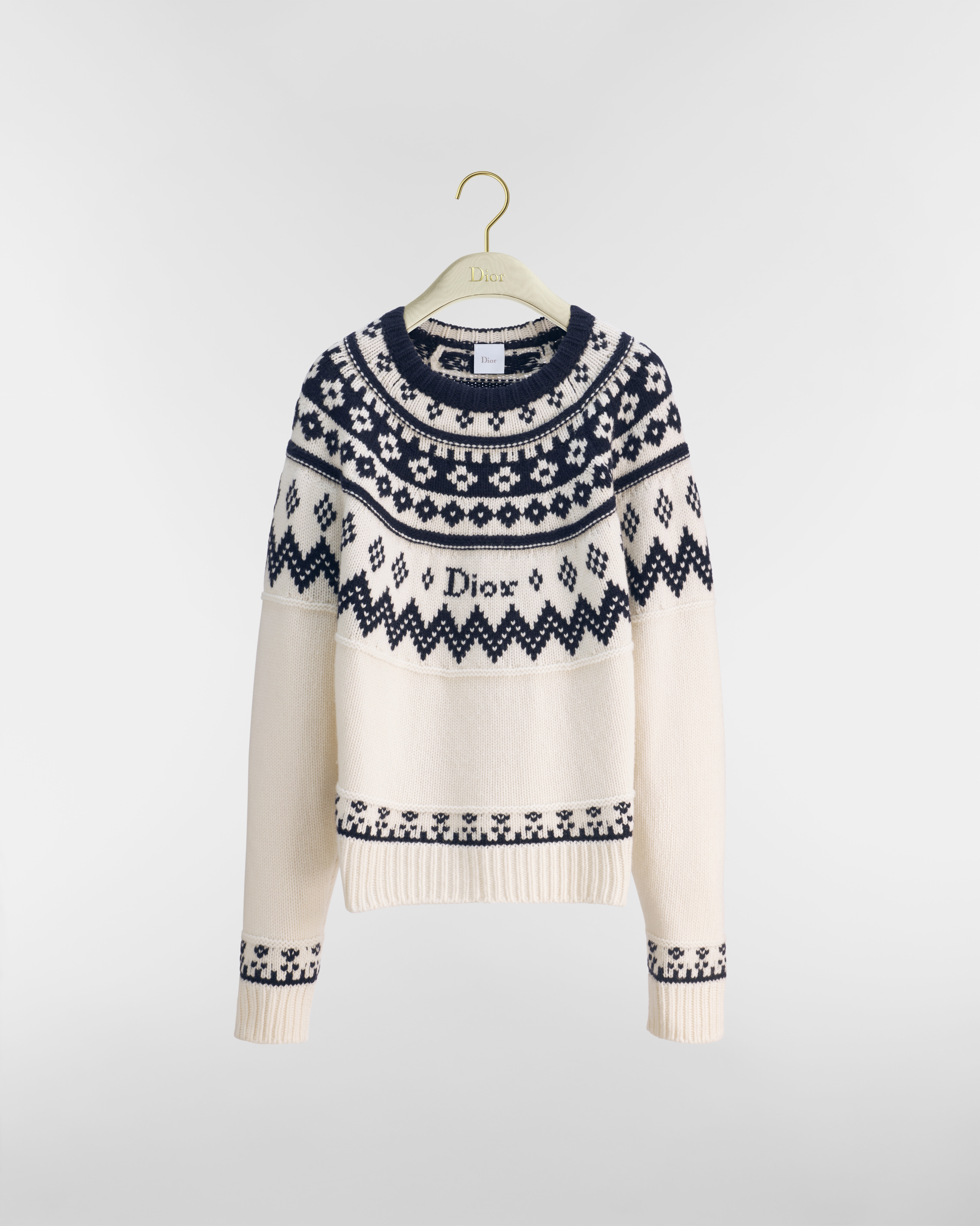 DiorAlps Sweater Ecru Wool and Cashmere Knit with Navy Blue Fair Isle Motif E01