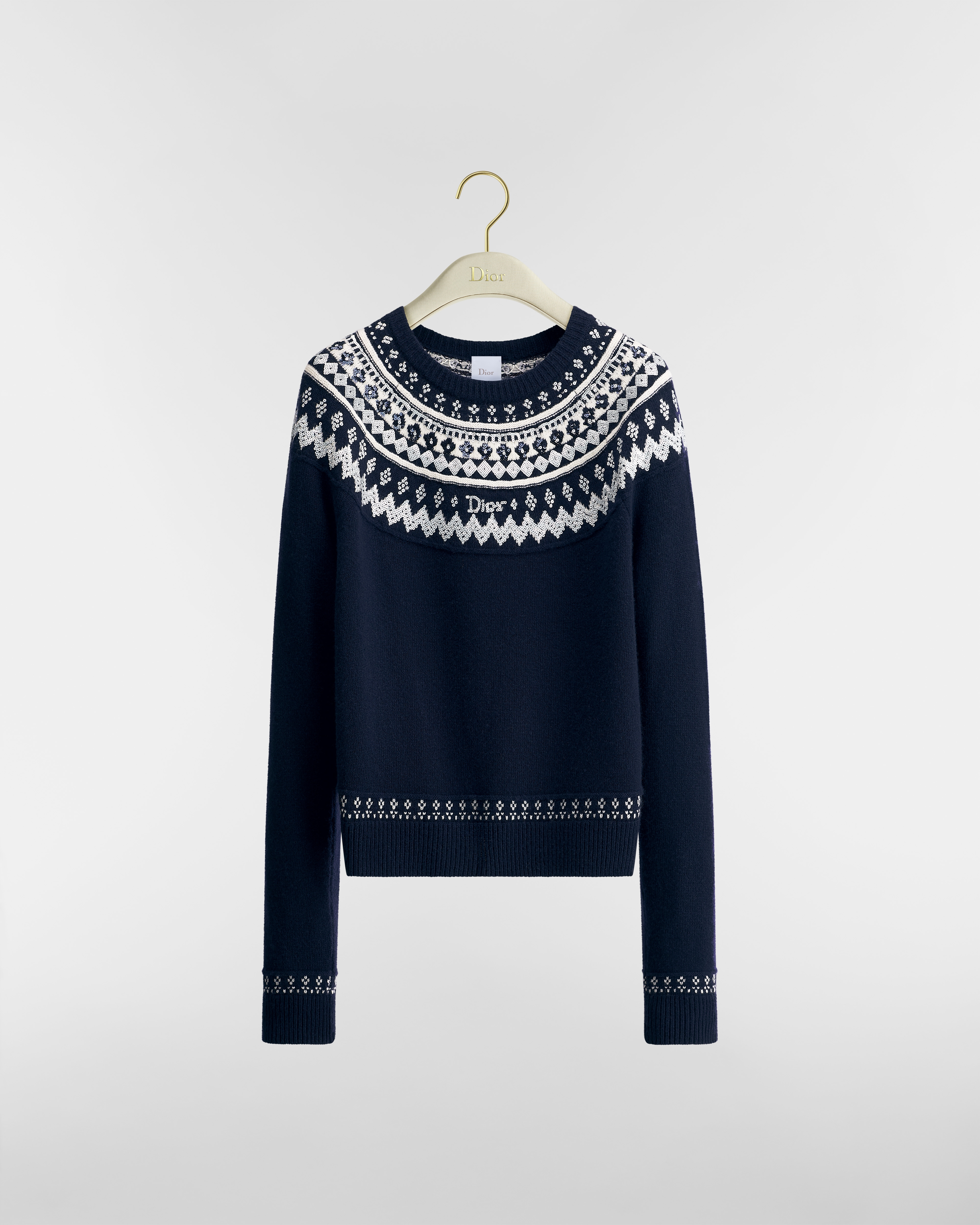 Pull brodé DiorAlps Maille de laine et cachemire bleu marine à motif Fair Isle en sequins bleus et blancs E01