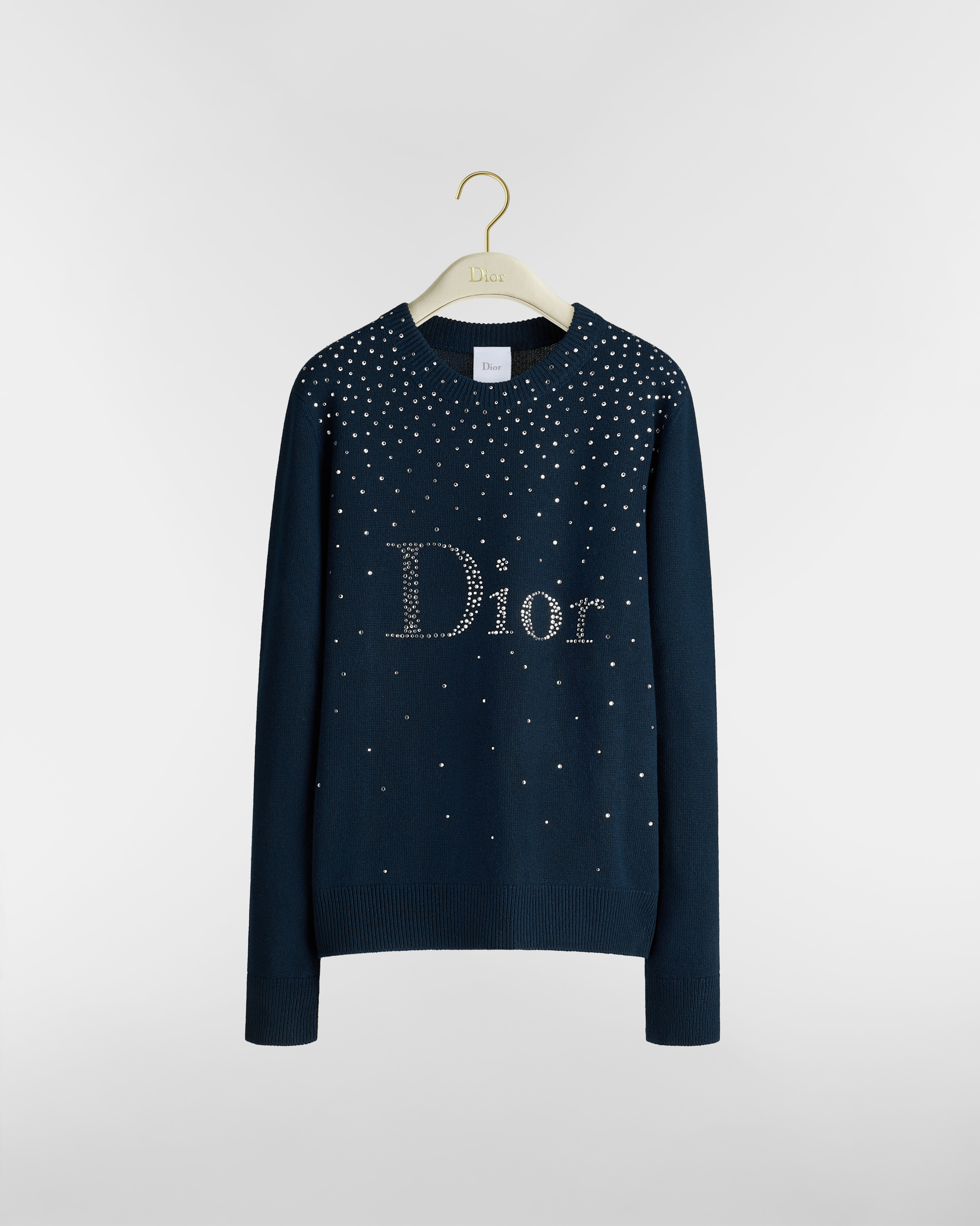 Pull DiorAlps Maille de laine vierge et cachemire bleu marine et strass argentés E01