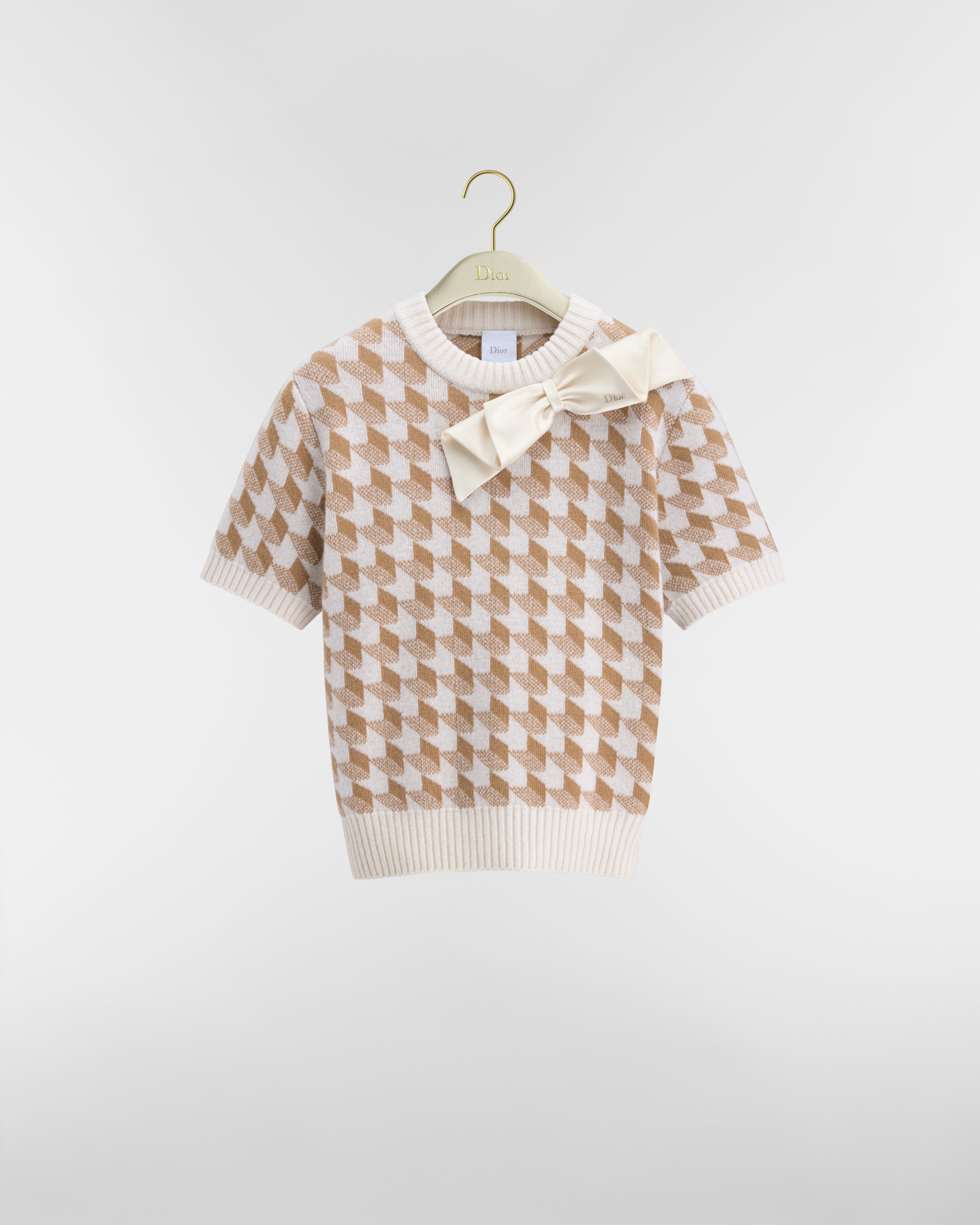 Short-Sleeved Sweater Ecru and Orange Wool-Cashmere-Blend Jacquard with Graphic Motif E01