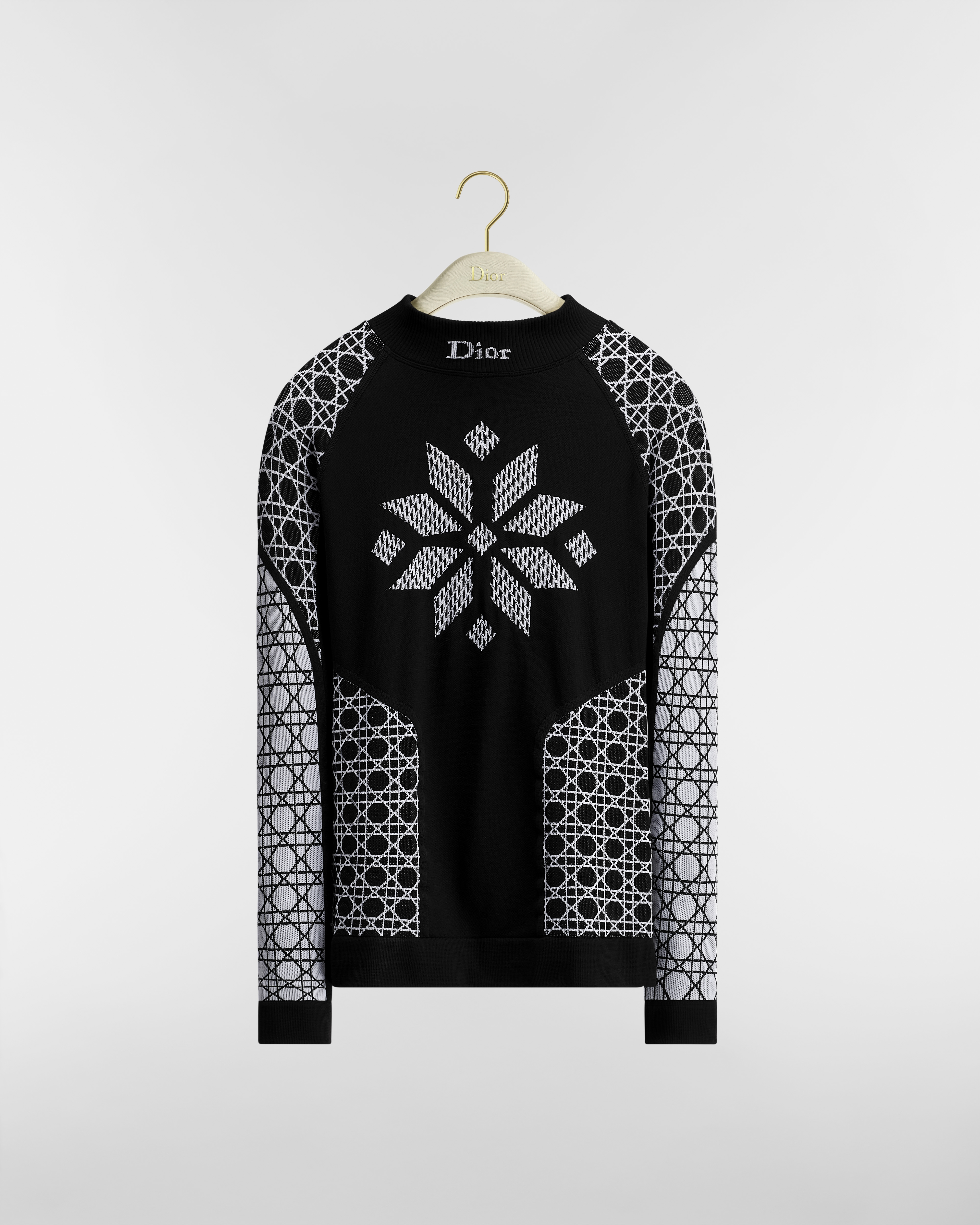Pull ajusté Cannage DiorAlps Maille technique noire à motif Dior Snowflake blanc E01