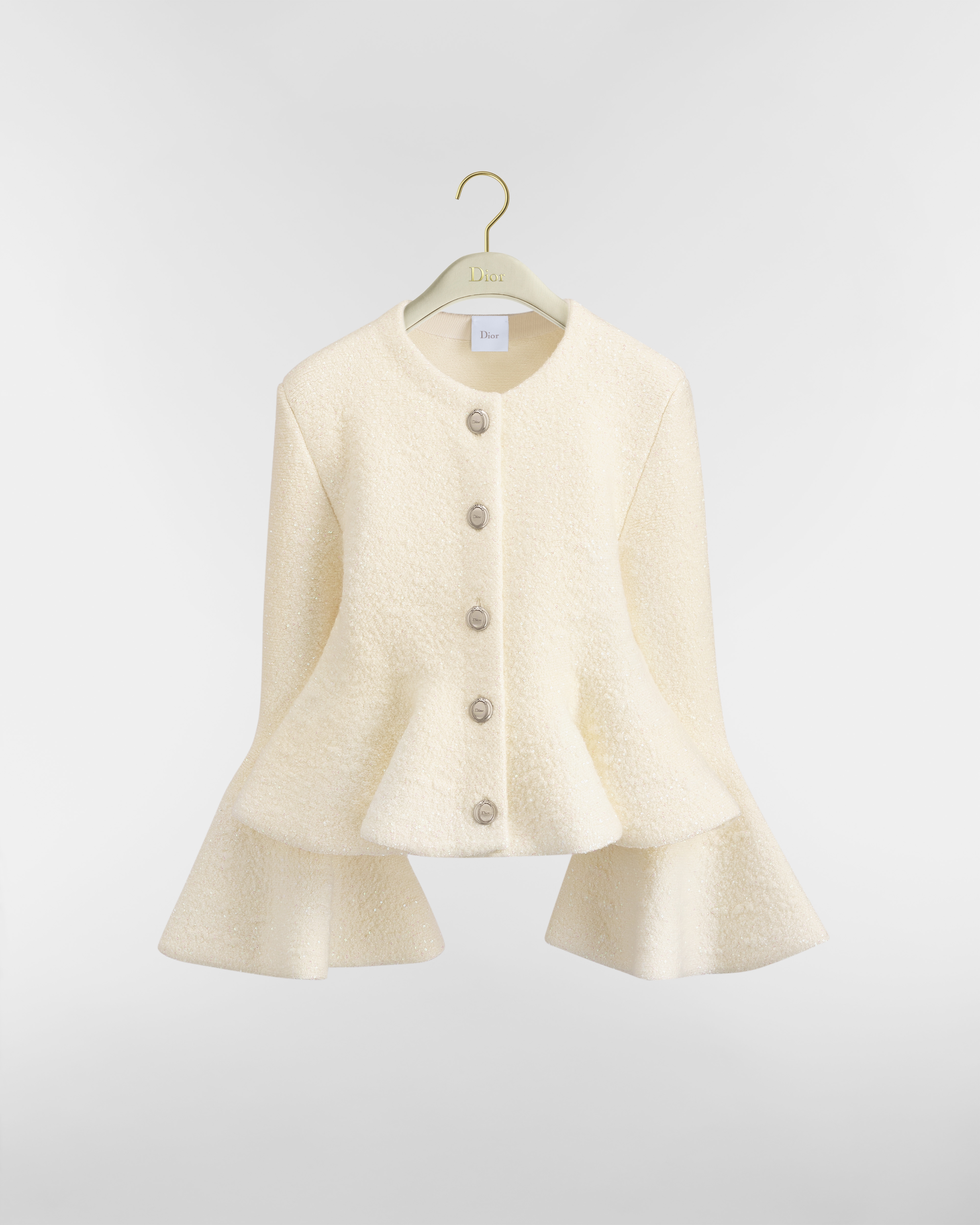 Peplum Jacket Ecru Virgin Wool-Blend Knit Embroidered with Silver-Tone Sequins E01