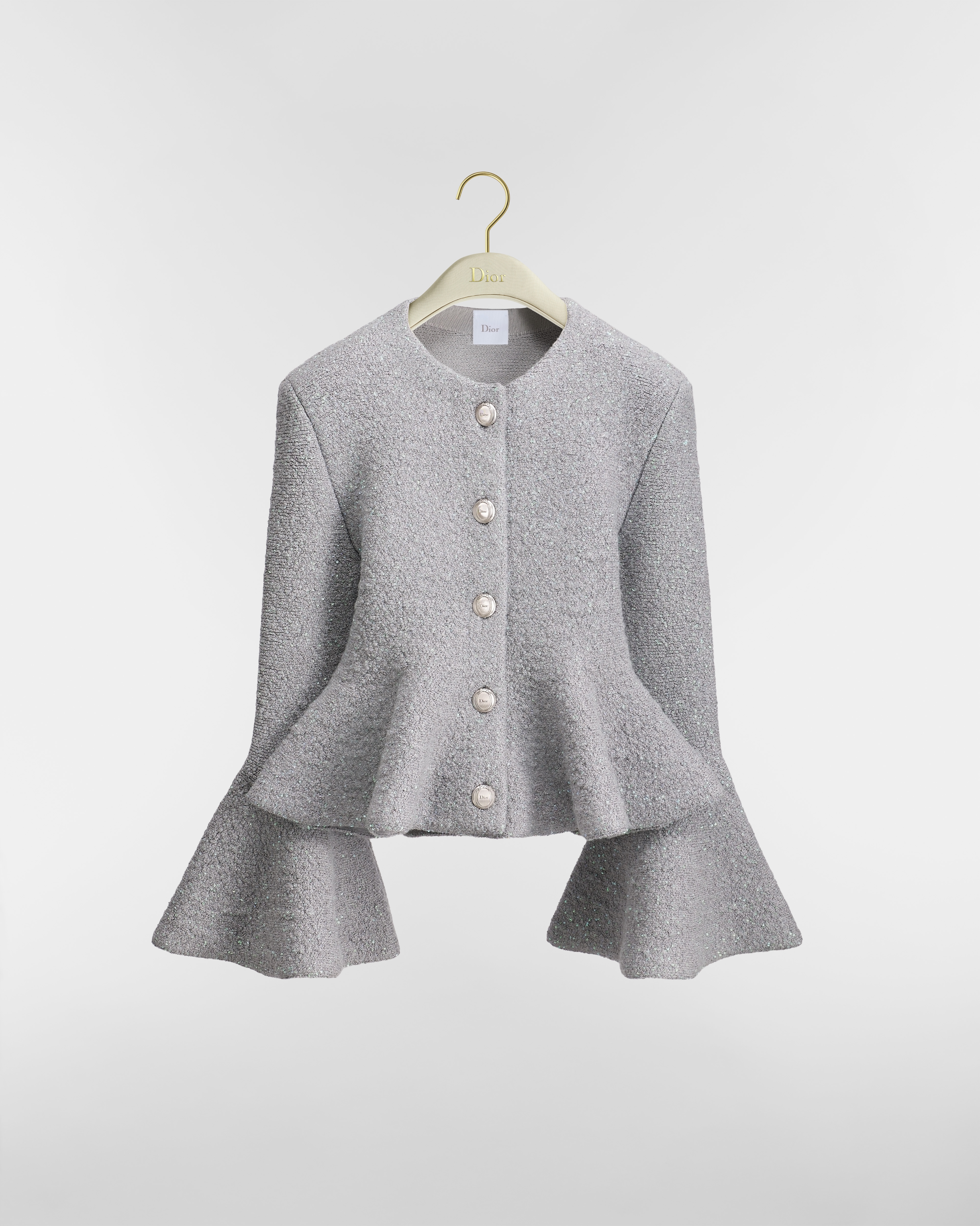 Veste péplum Maille de laine vierge mélangée grise brodée de sequins argentés E01