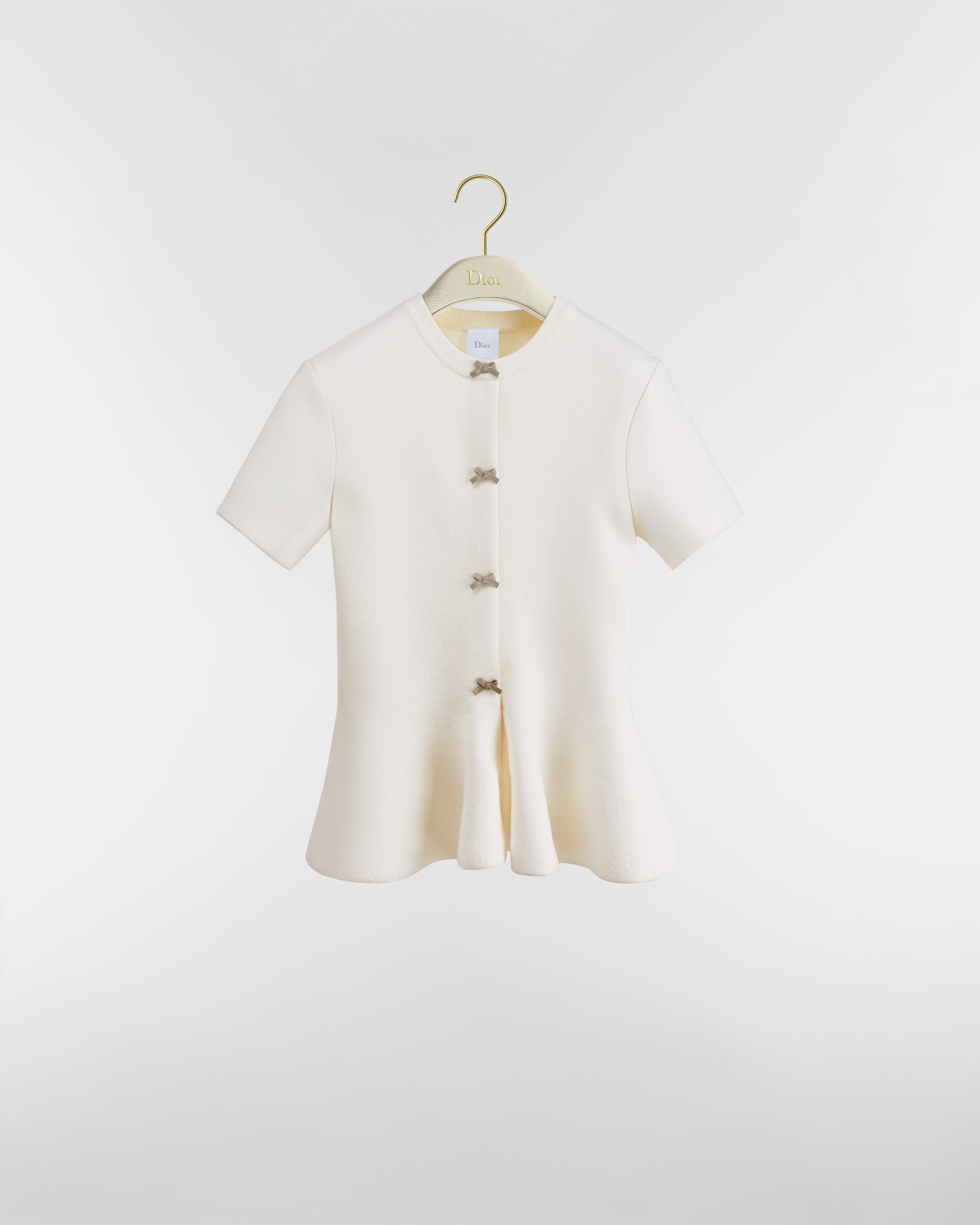 Short-Sleeved Peplum Jacket White Virgin Wool-Blend Bouclé Knit E01