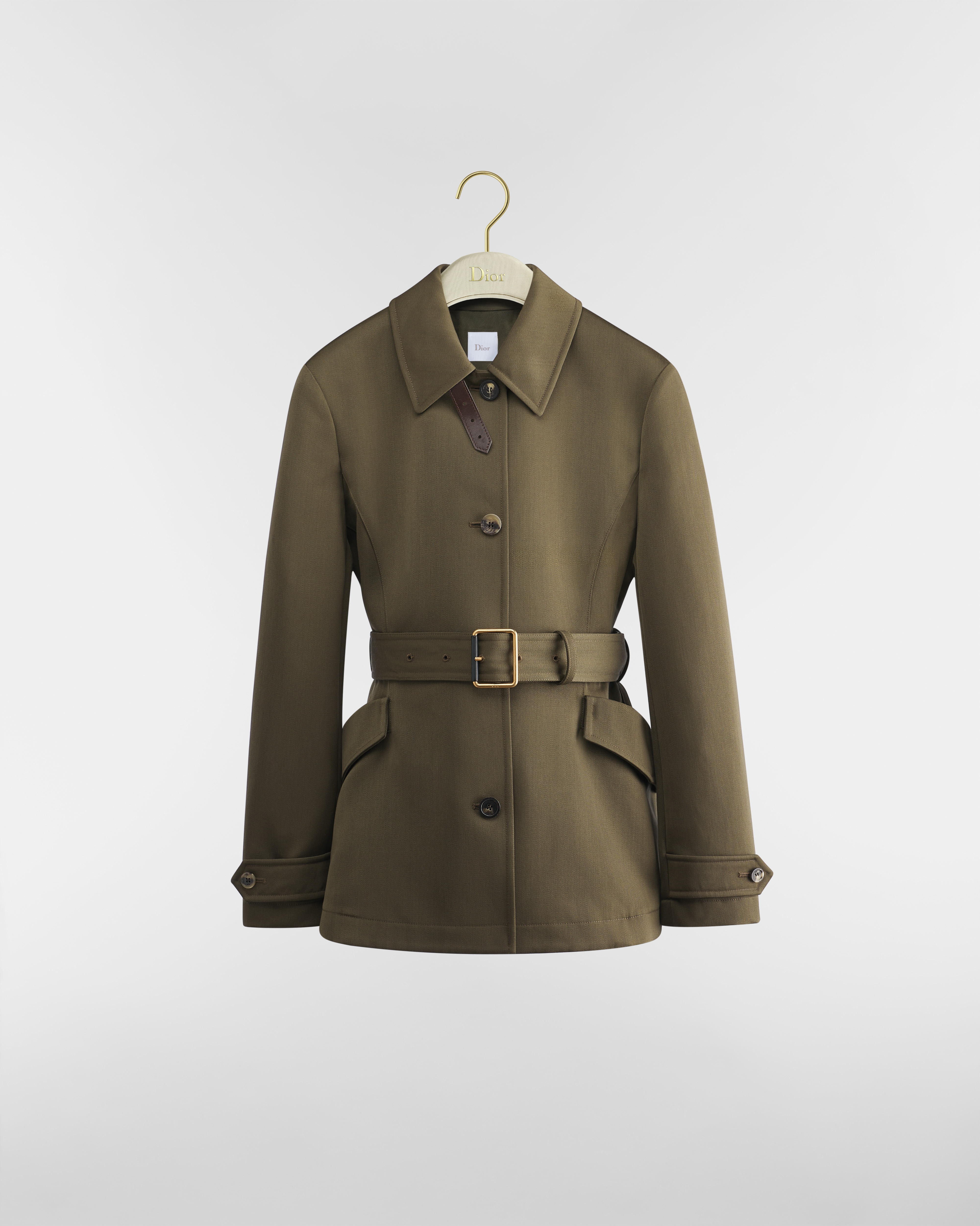 Fitted Belted Jacket Khaki Virgin Wool and Cotton E01